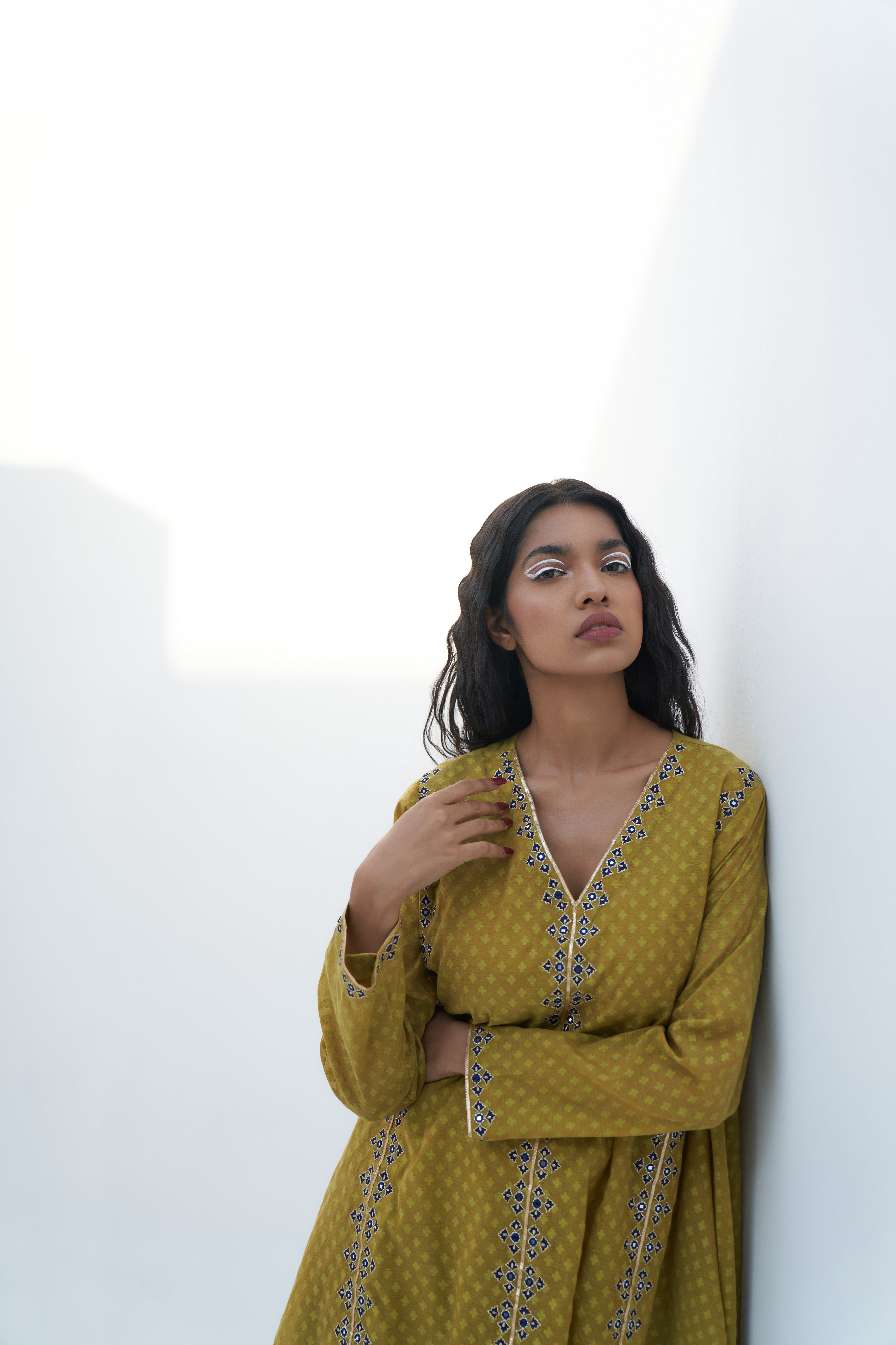 Acid Green Chanderi Jacquard Embroidered Tunic Set Frontview