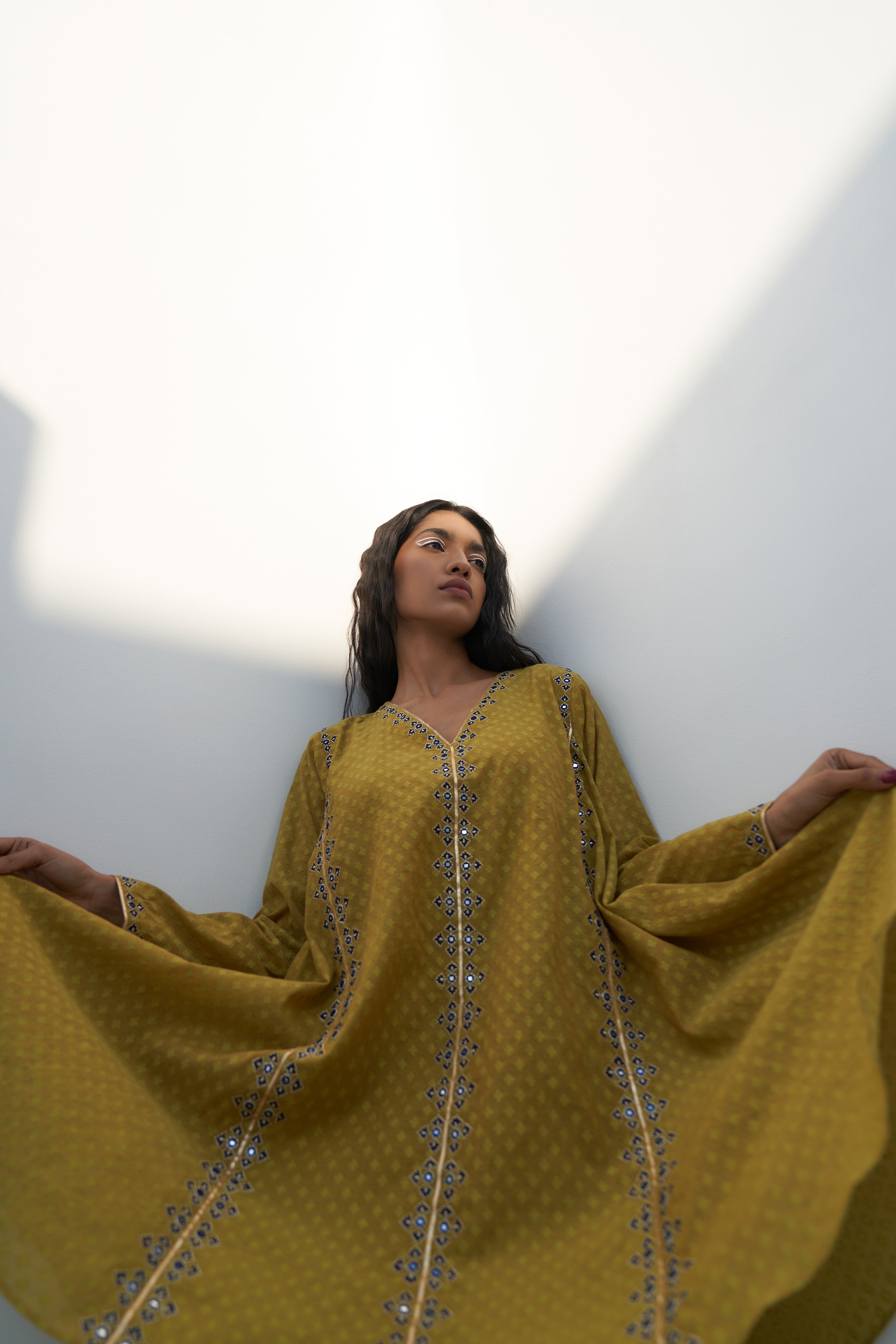 Acid Green Chanderi Jacquard Embroidered Tunic Set Frontview