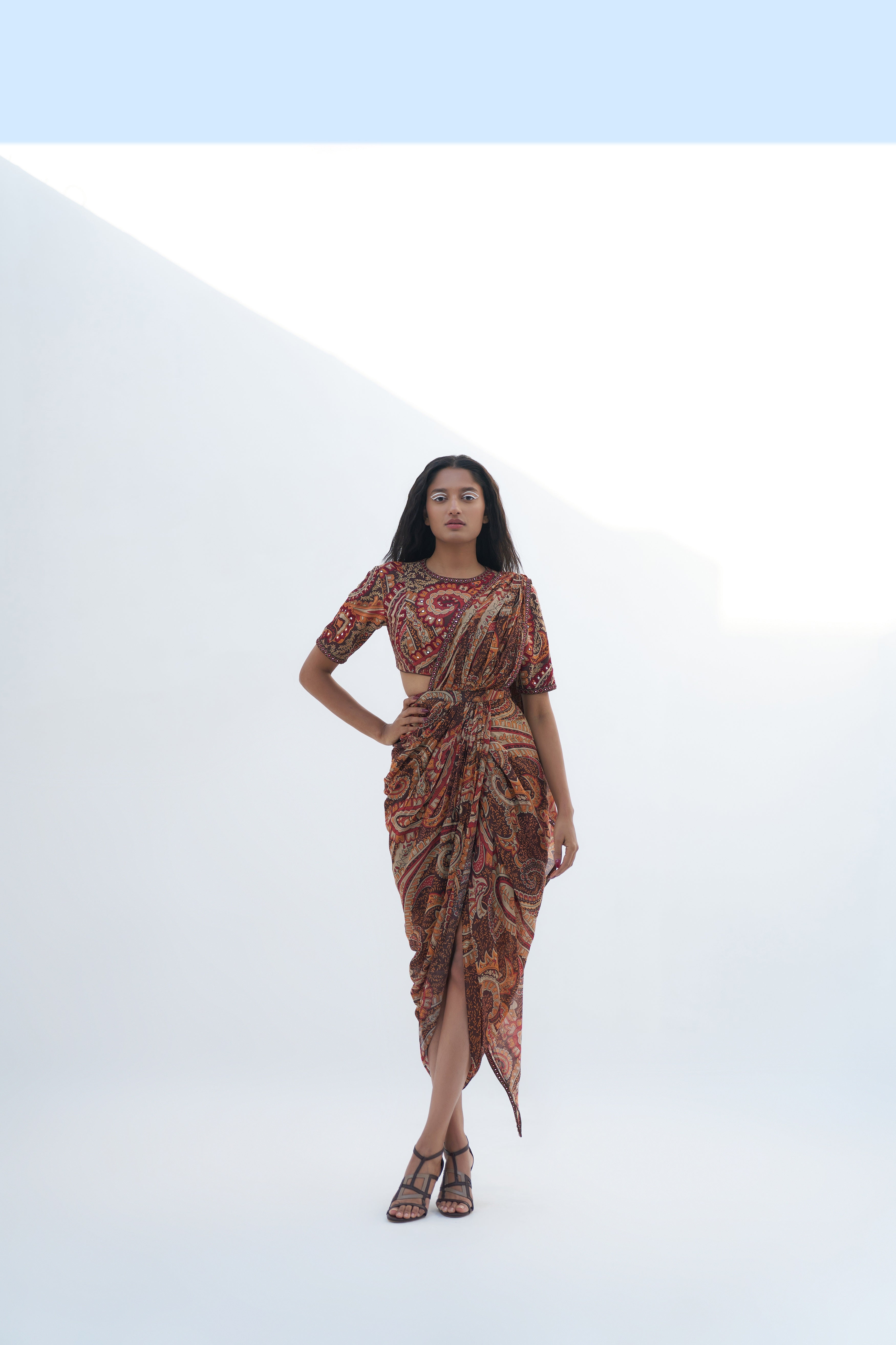 Brown Georgette Paisley Printed Pre-Draped Saree