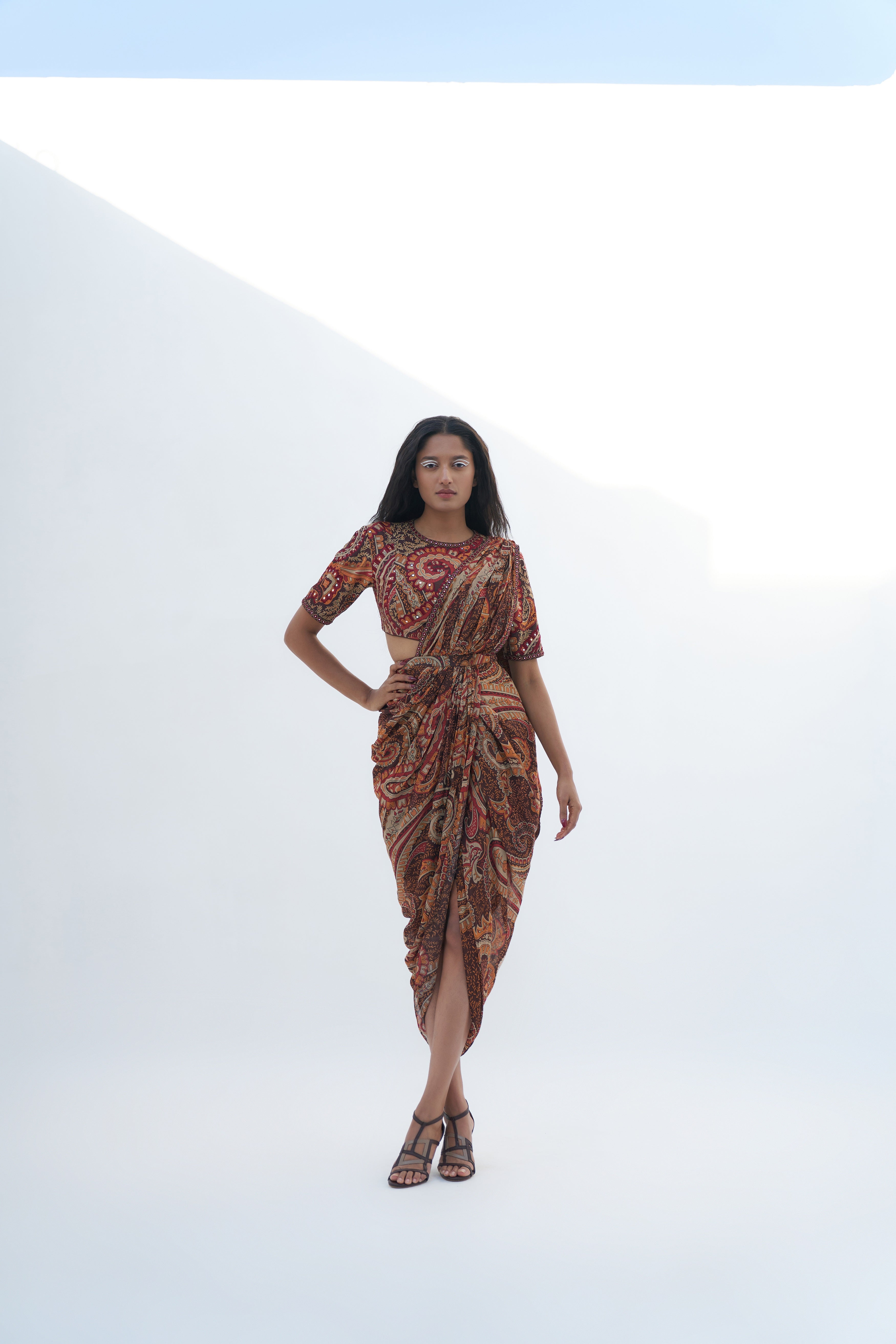 Brown Georgette Paisley Printed Pre-Draped Saree Frontview