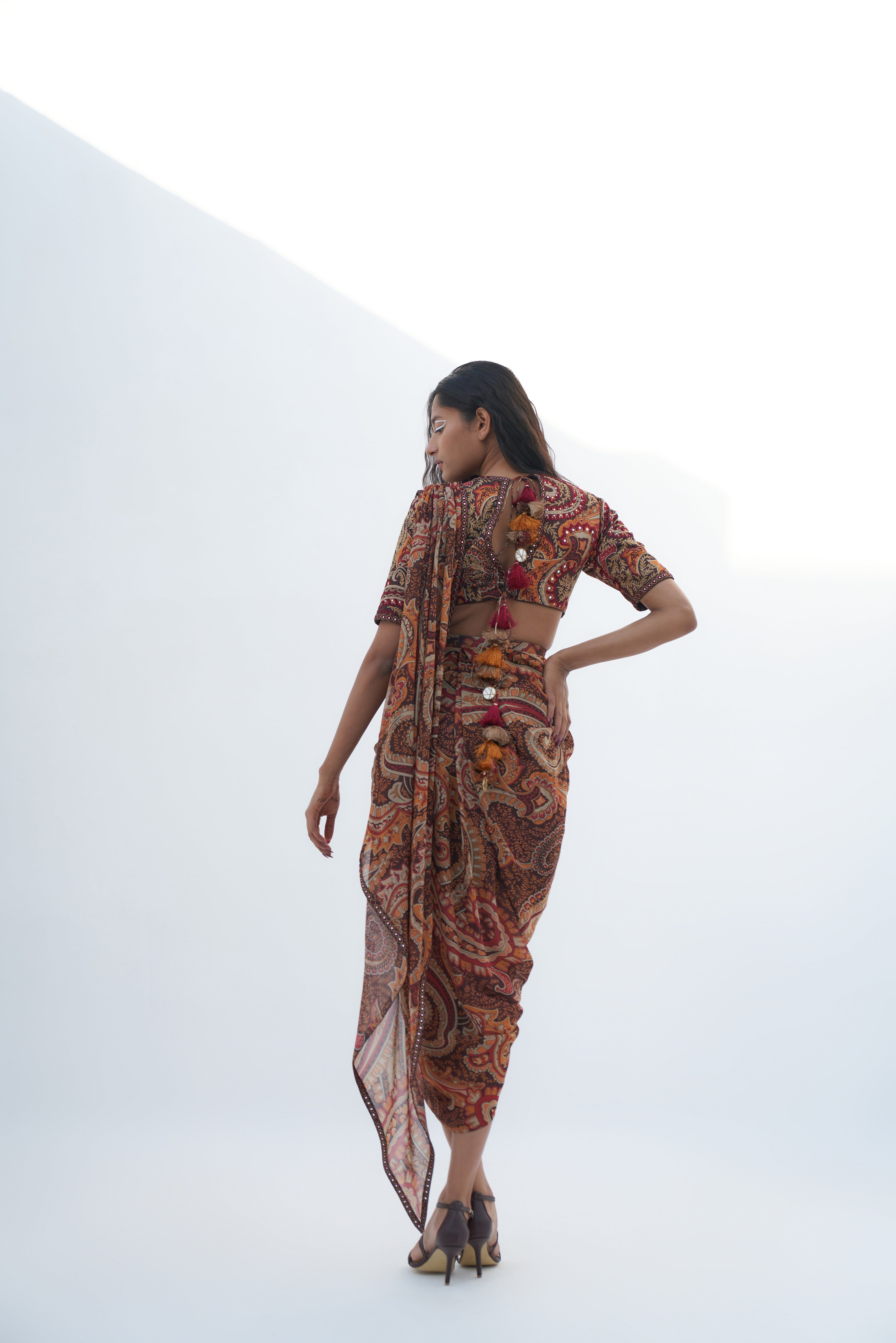 Brown Georgette Paisley Printed Pre-Draped Saree Backview