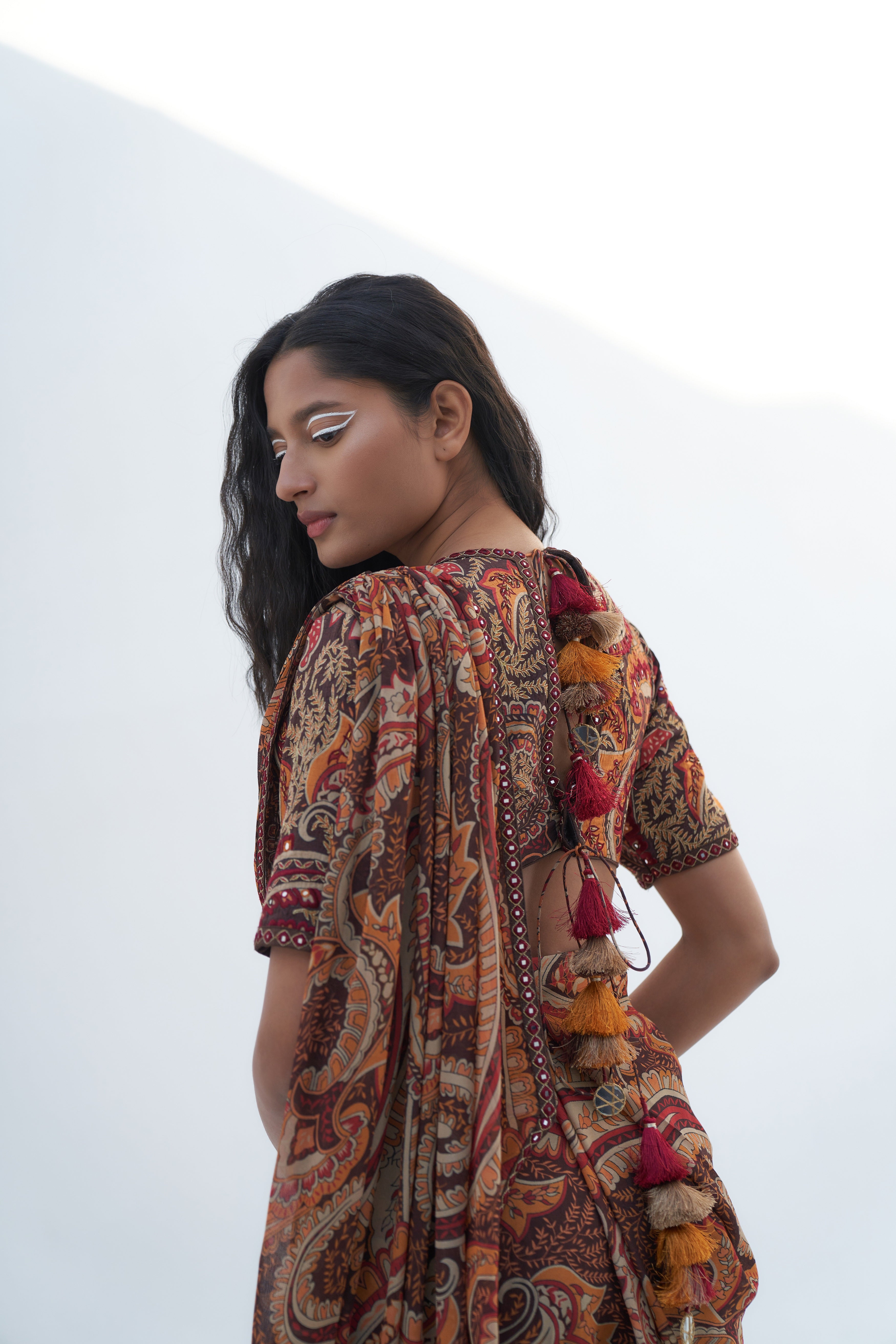 Brown Georgette Paisley Printed Pre-Draped Saree backview