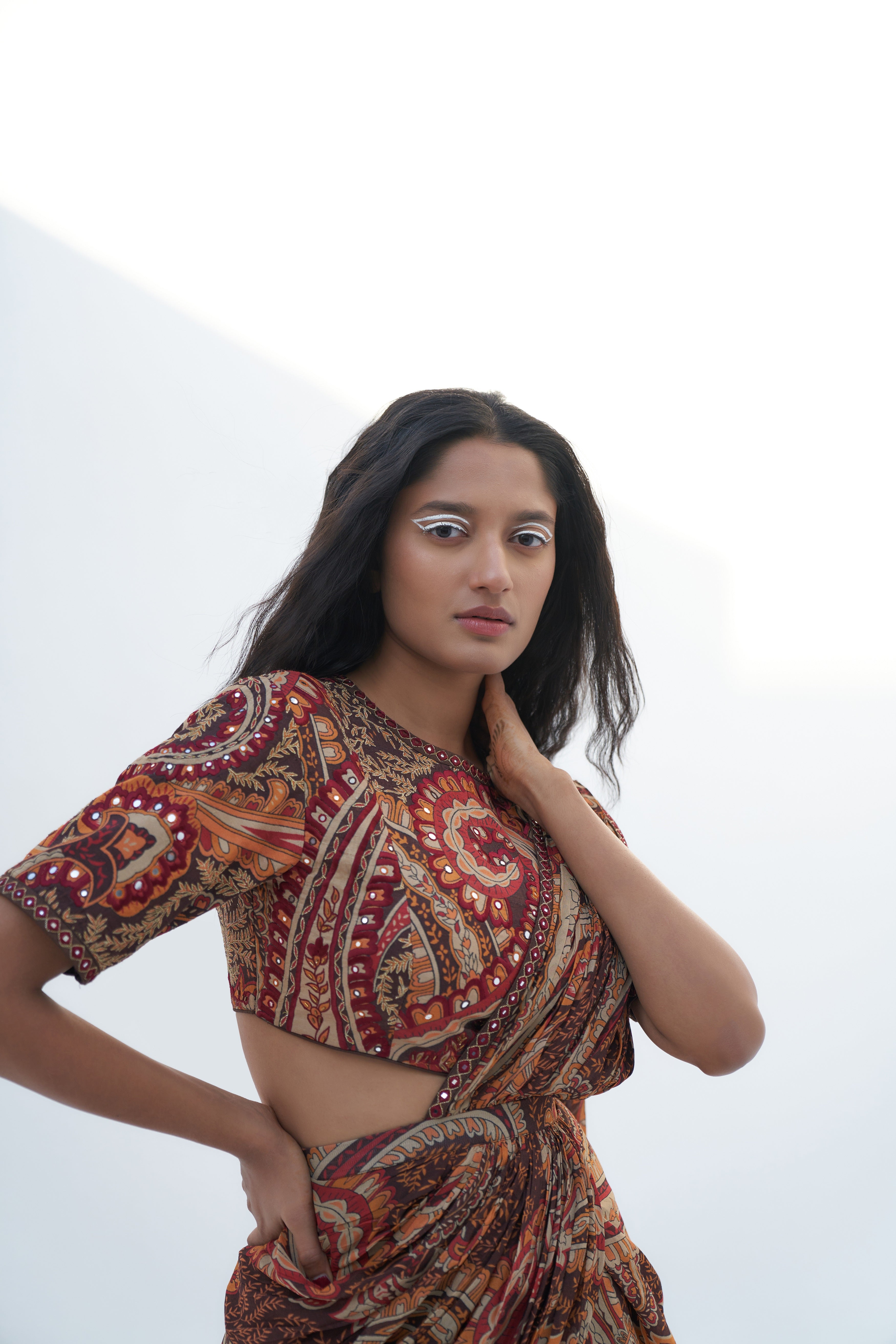 Brown Georgette Paisley Printed Pre-Draped Saree Frontview