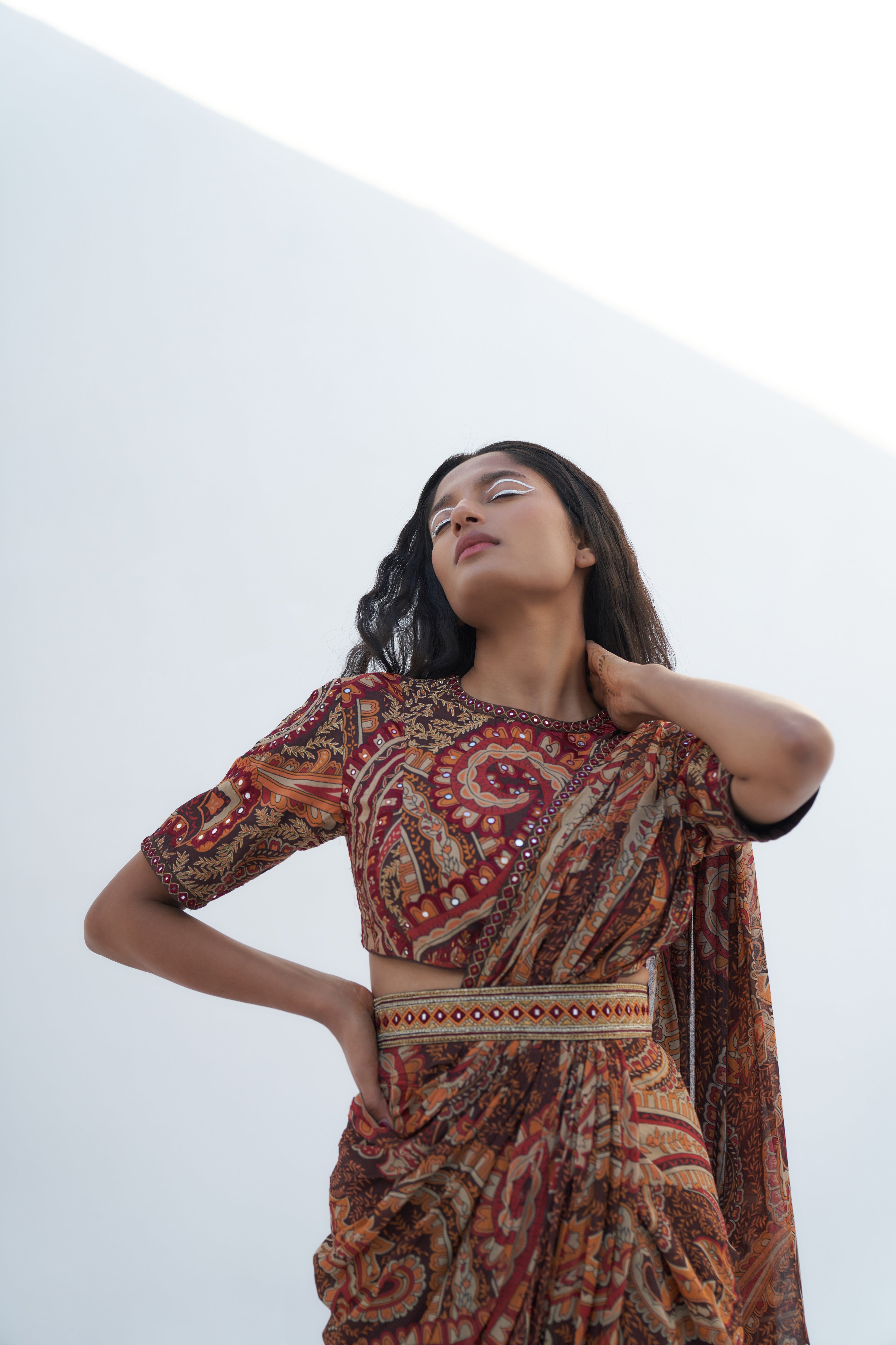 Brown Georgette Paisley Printed Pre-Draped Saree Closeview