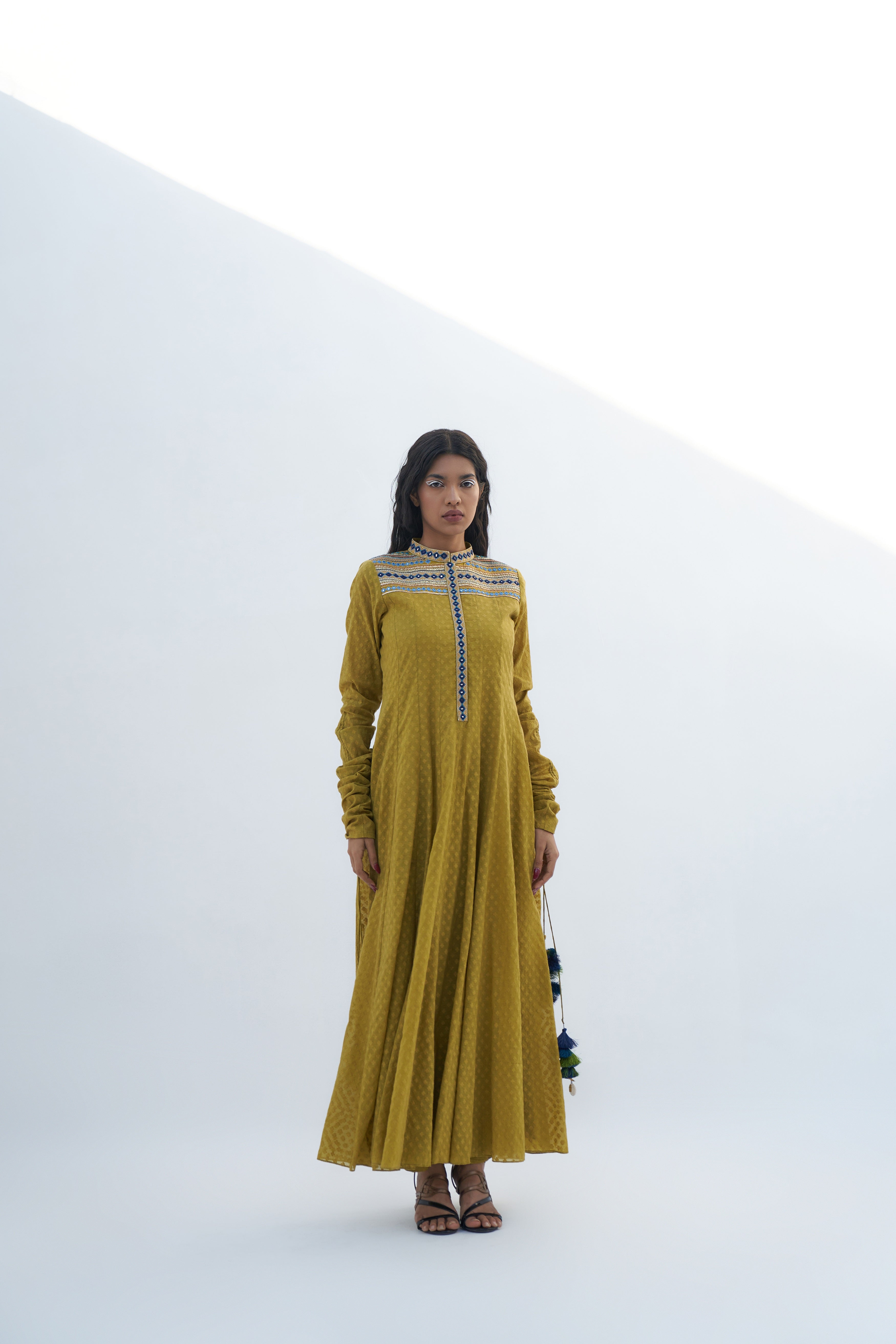 Acid Green Chanderi Jacquard Embroidered Anarkali