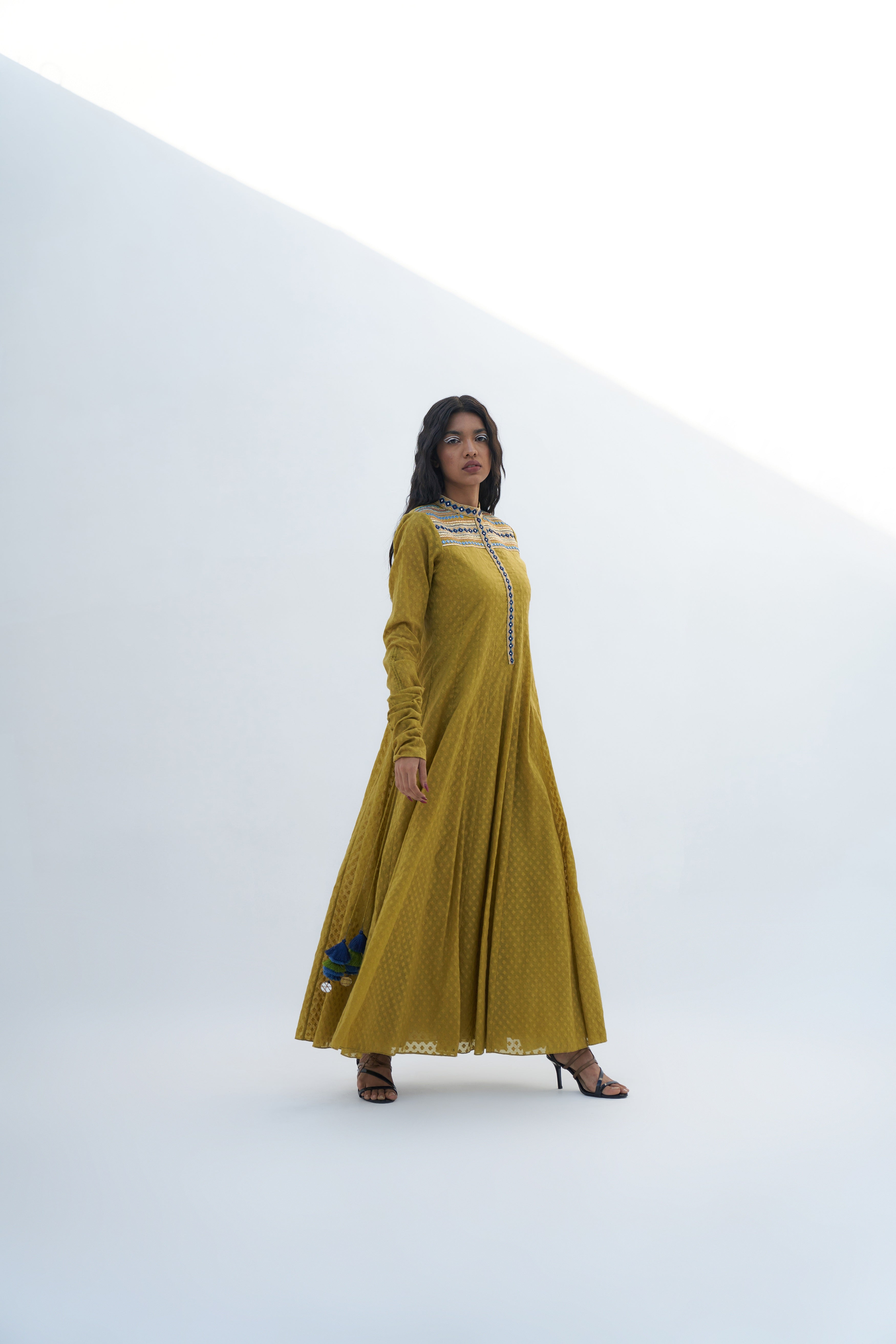 Acid Green Chanderi Jacquard Embroidered Anarkali