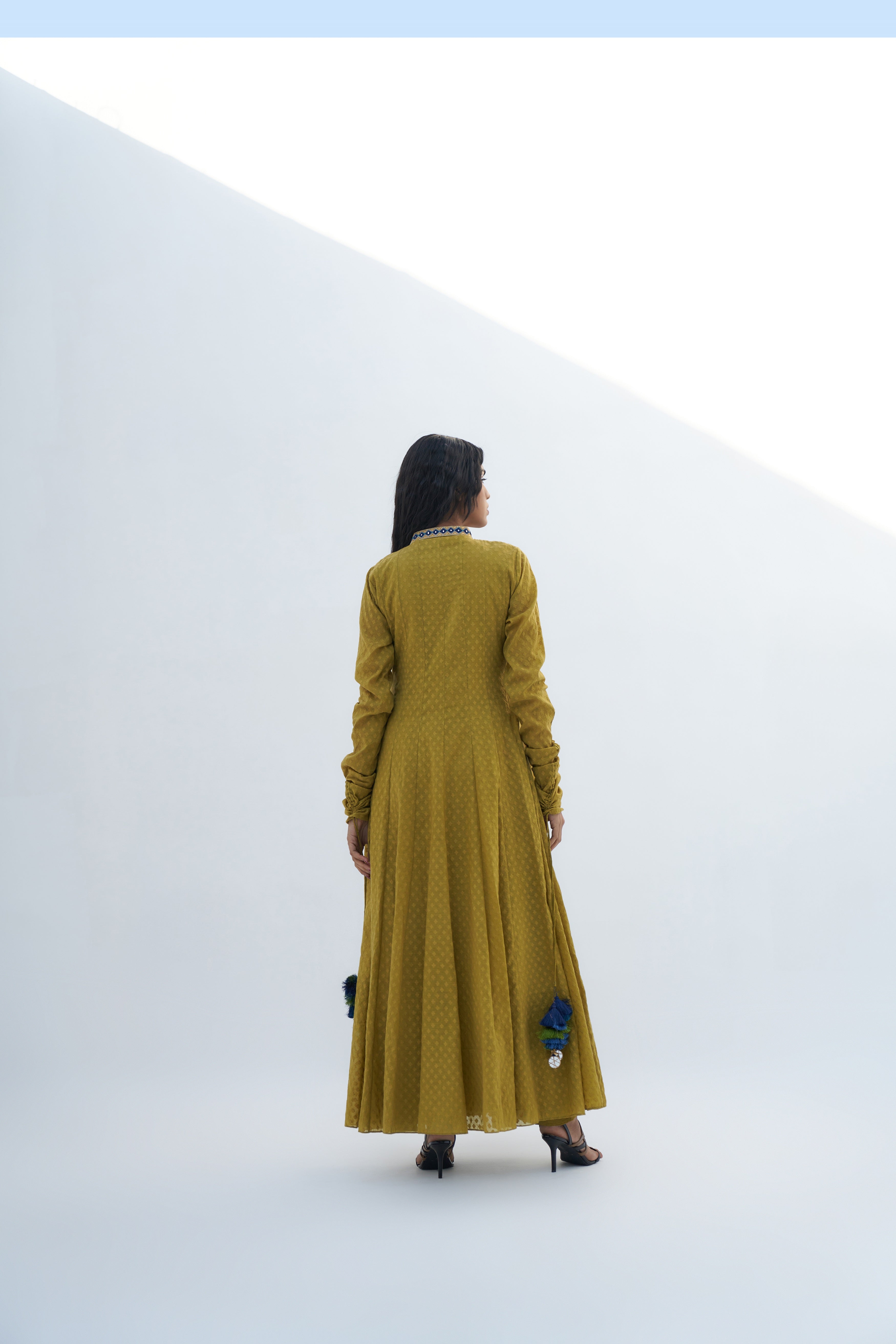 Acid Green Chanderi Jacquard Embroidered Anarkali Backview