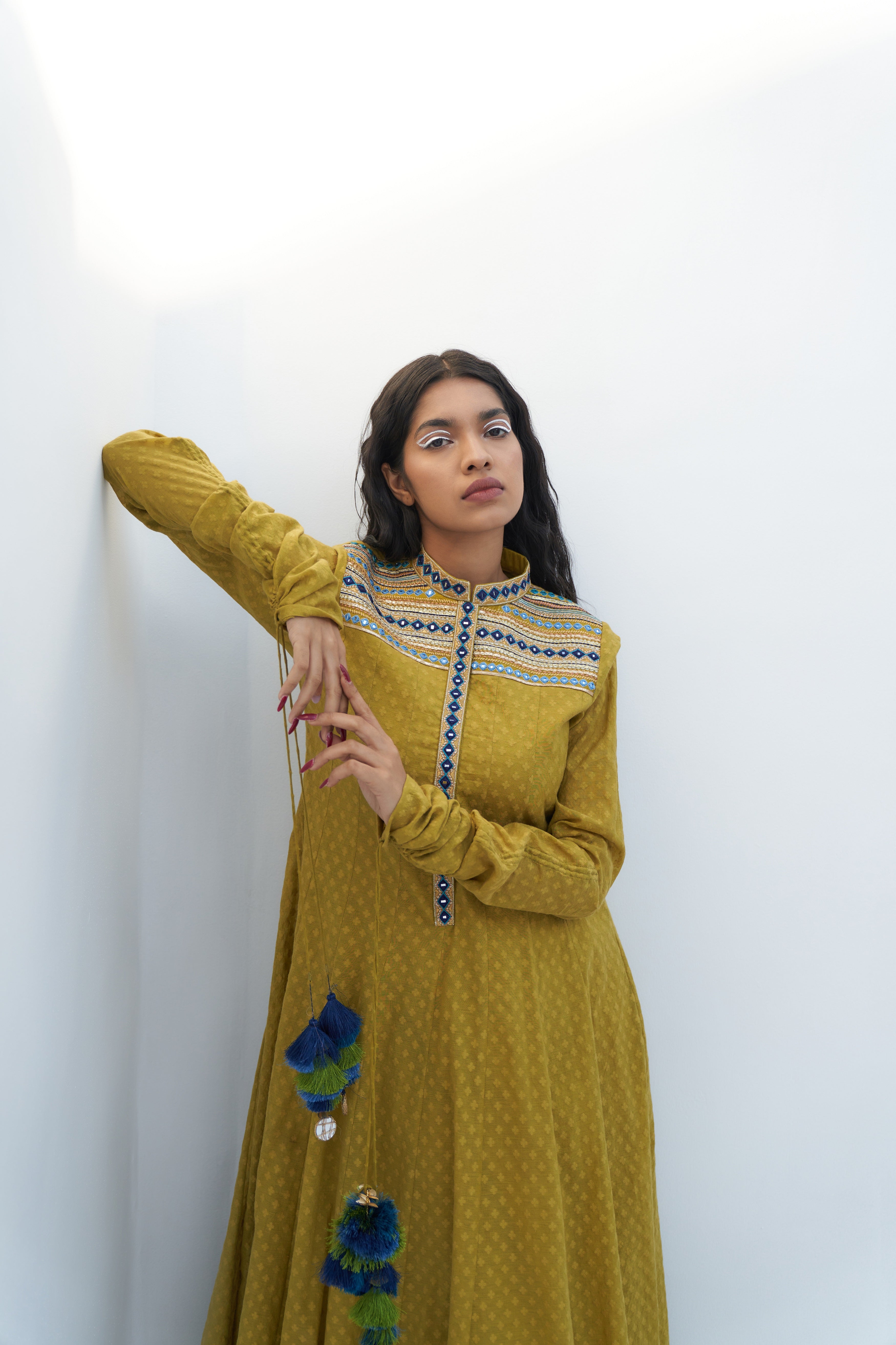 Acid Green Chanderi Jacquard Embroidered Anarkali Closeview