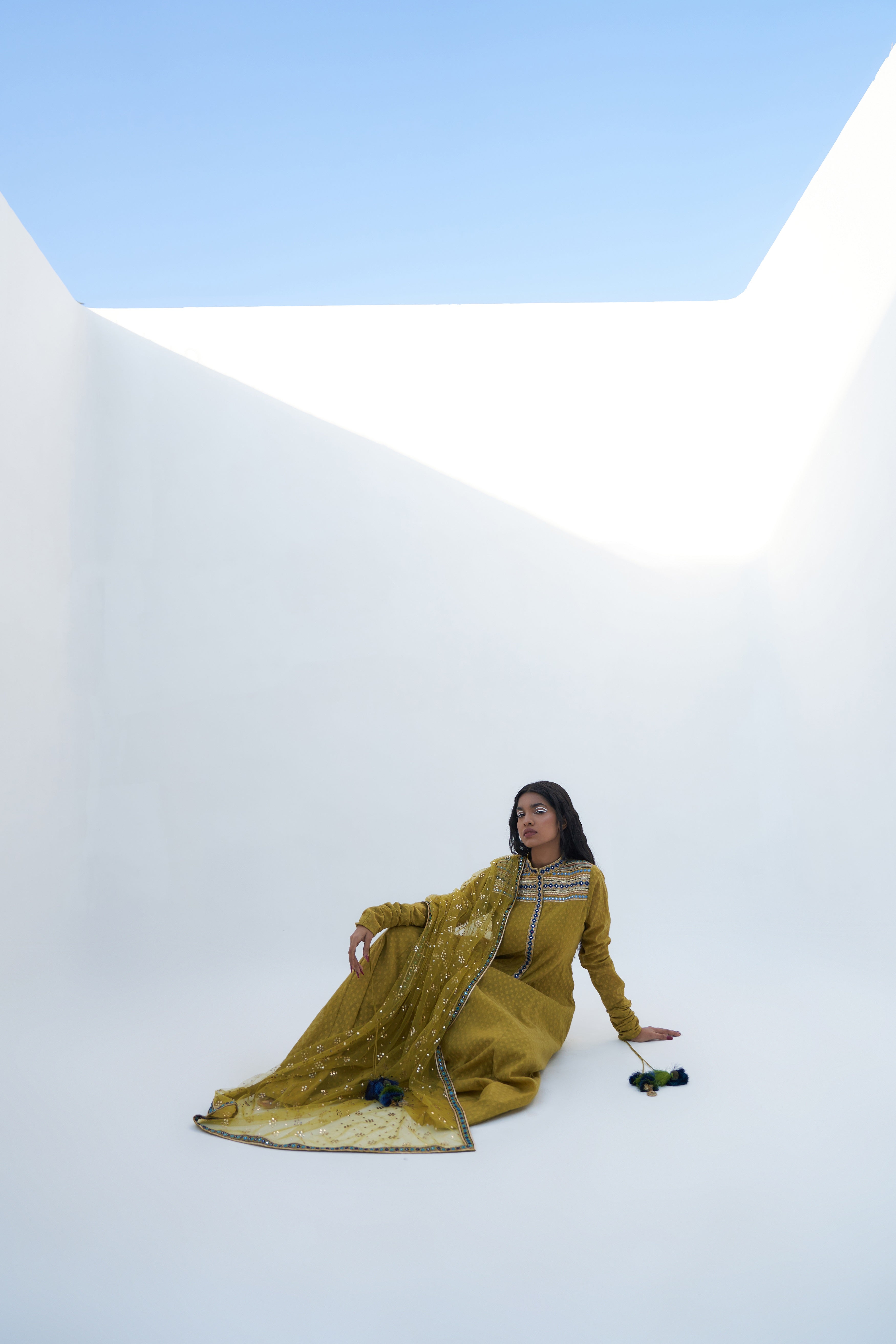 Acid Green Chanderi Jacquard Embroidered Anarkali