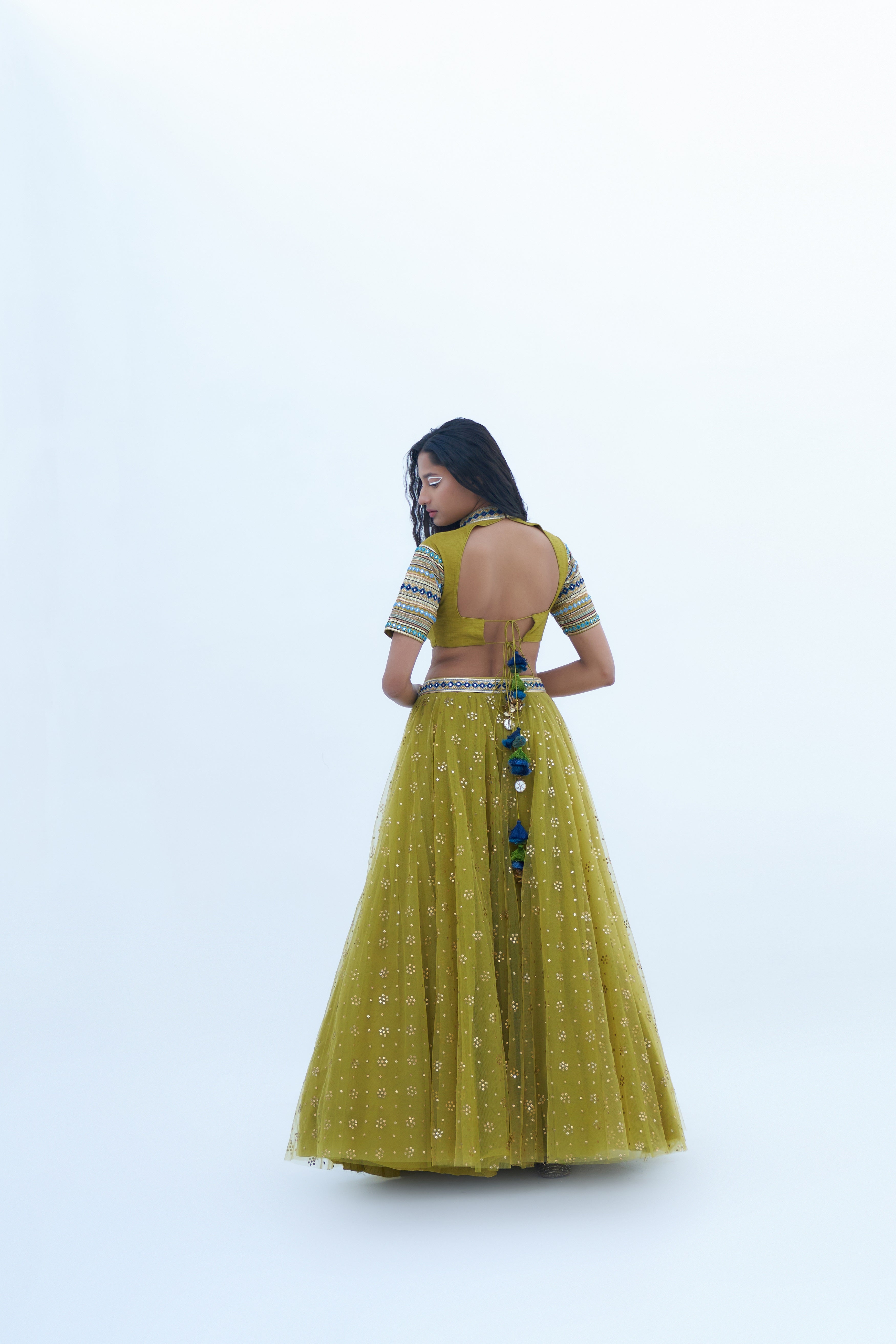 Acid Green Georgette Embroidered Lehenga Set Backview