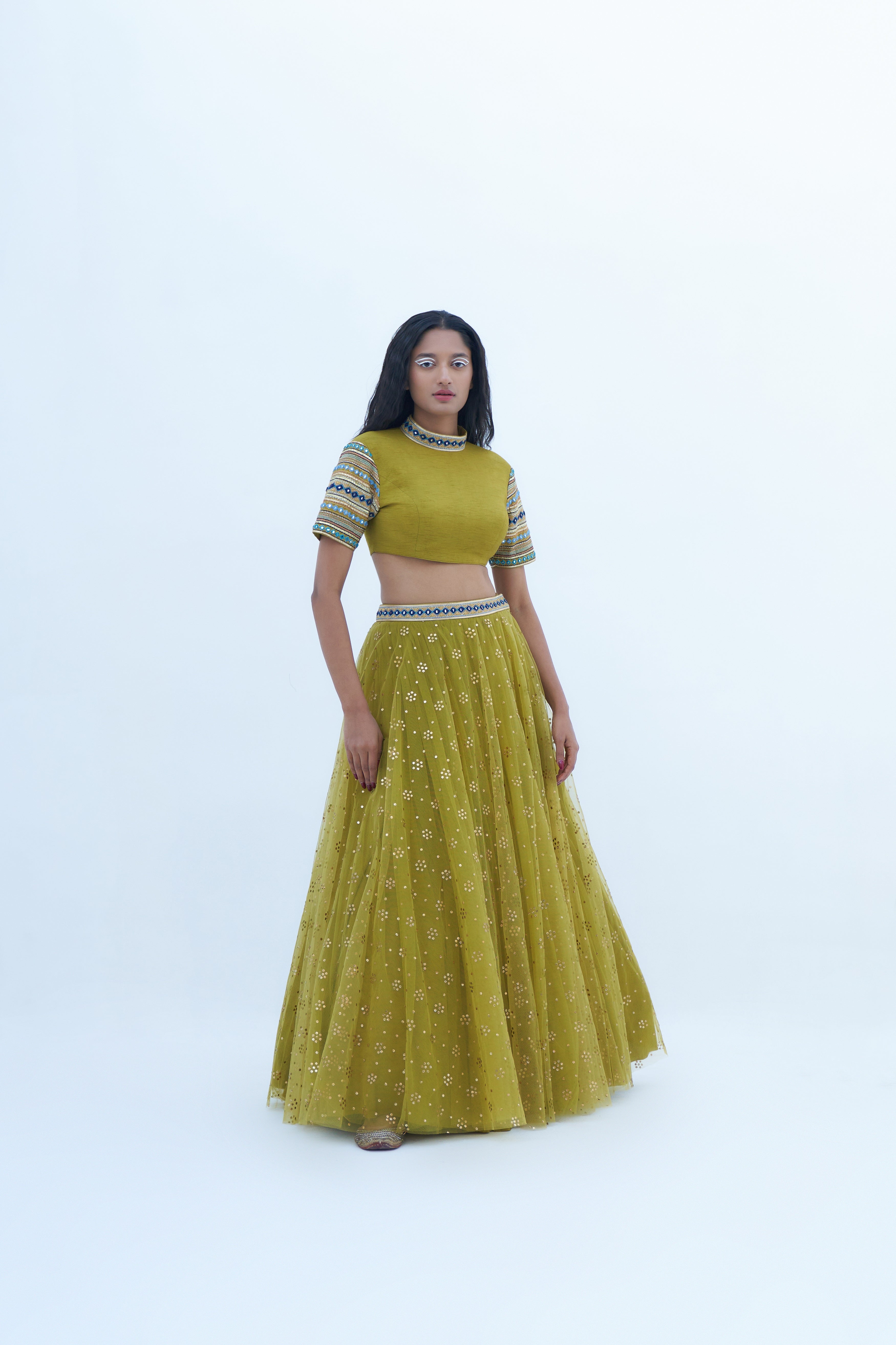 Acid Green Georgette Embroidered Lehenga Set