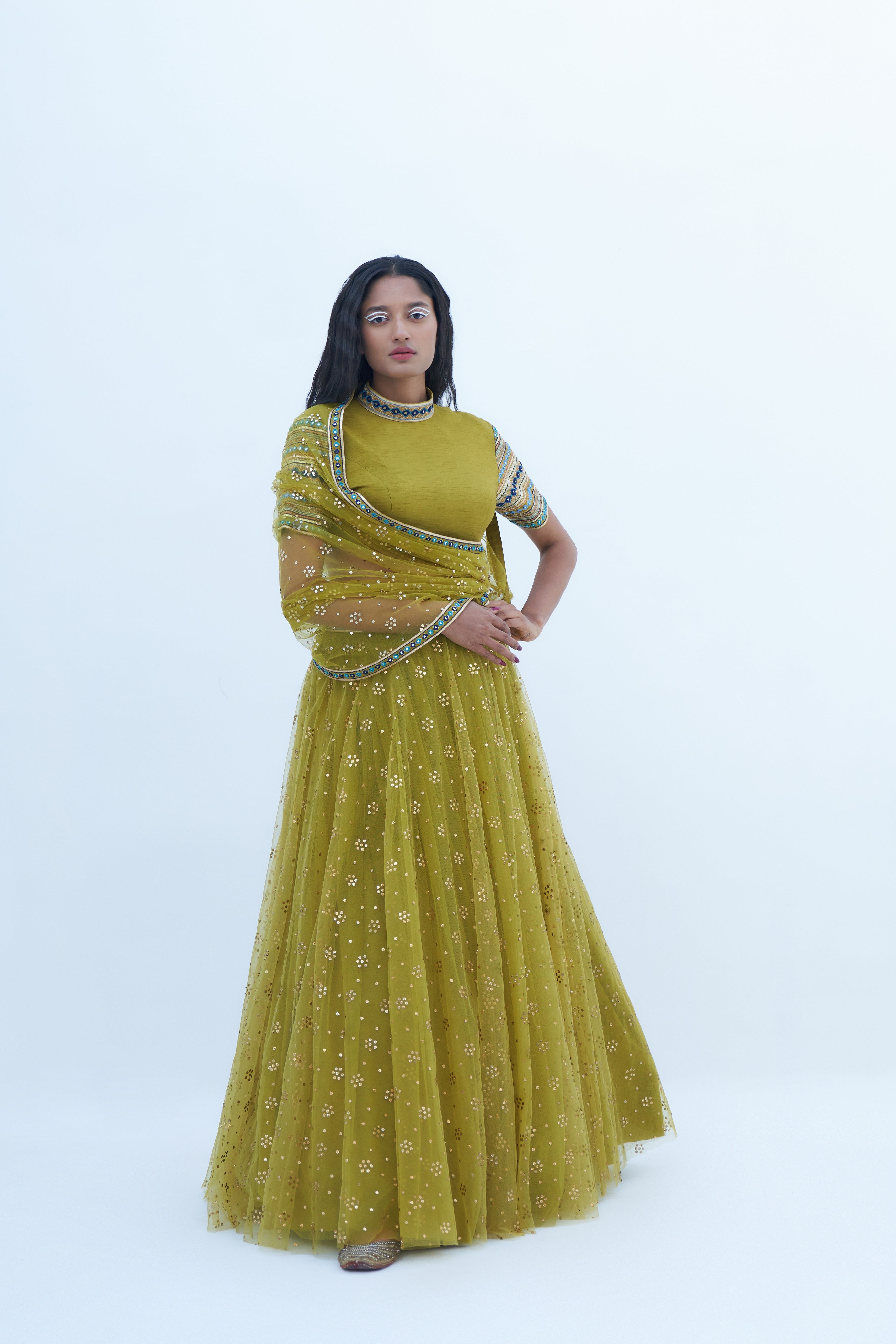 Acid Green Georgette Embroidered Lehenga Set