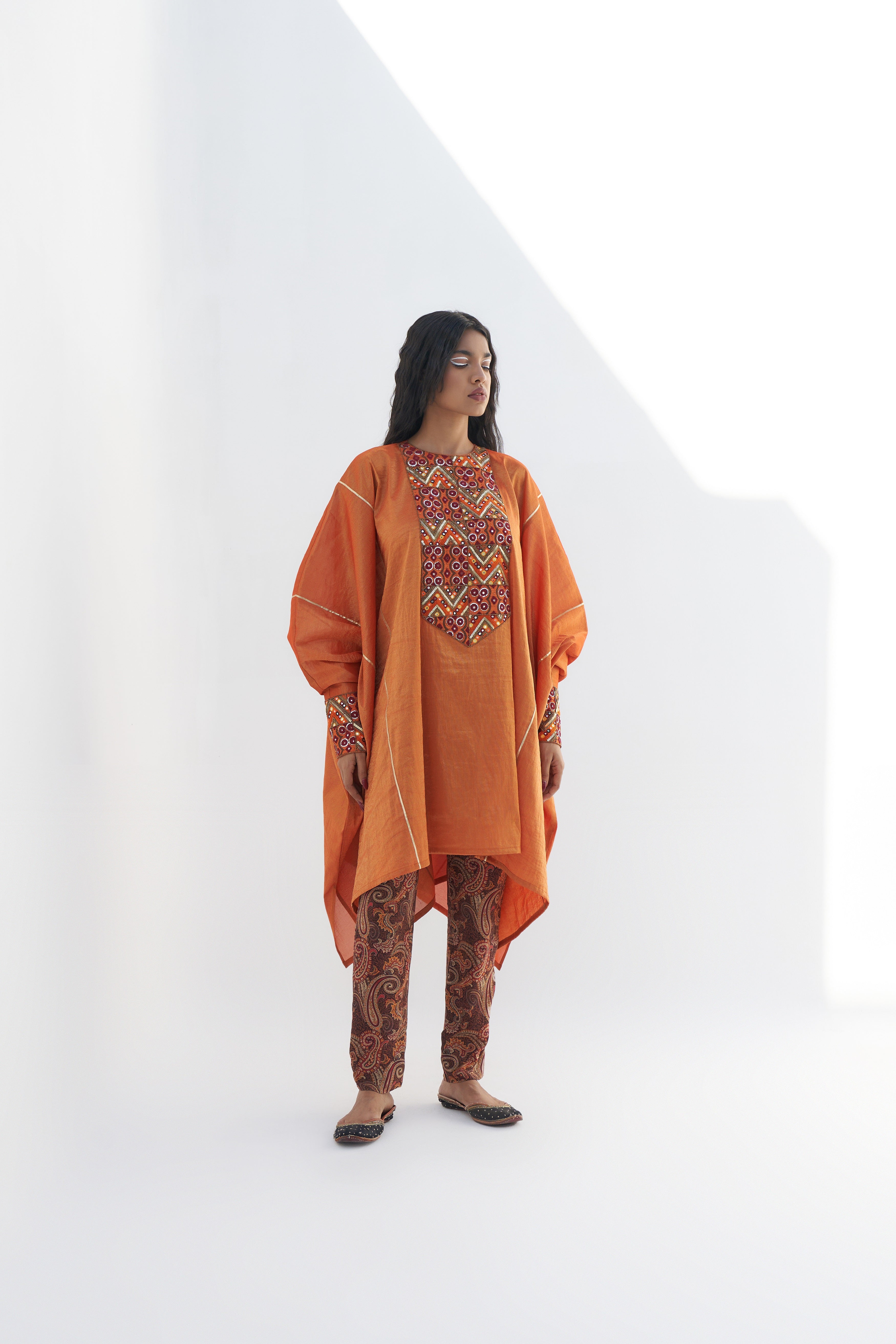 Orange Tissue Embroidered Tunic Dress Frontview