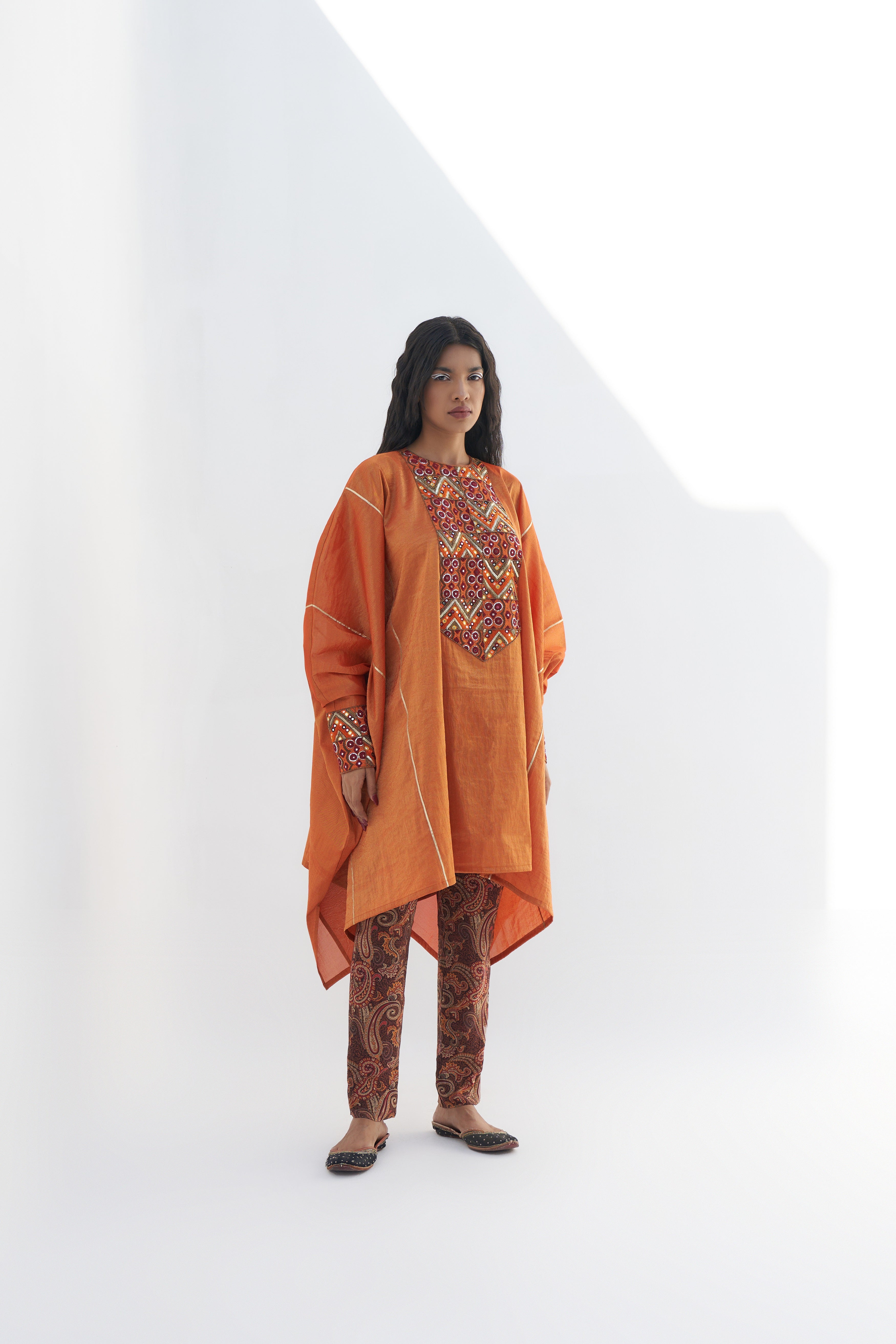 Orange Tissue Embroidered Tunic Dress Frontview