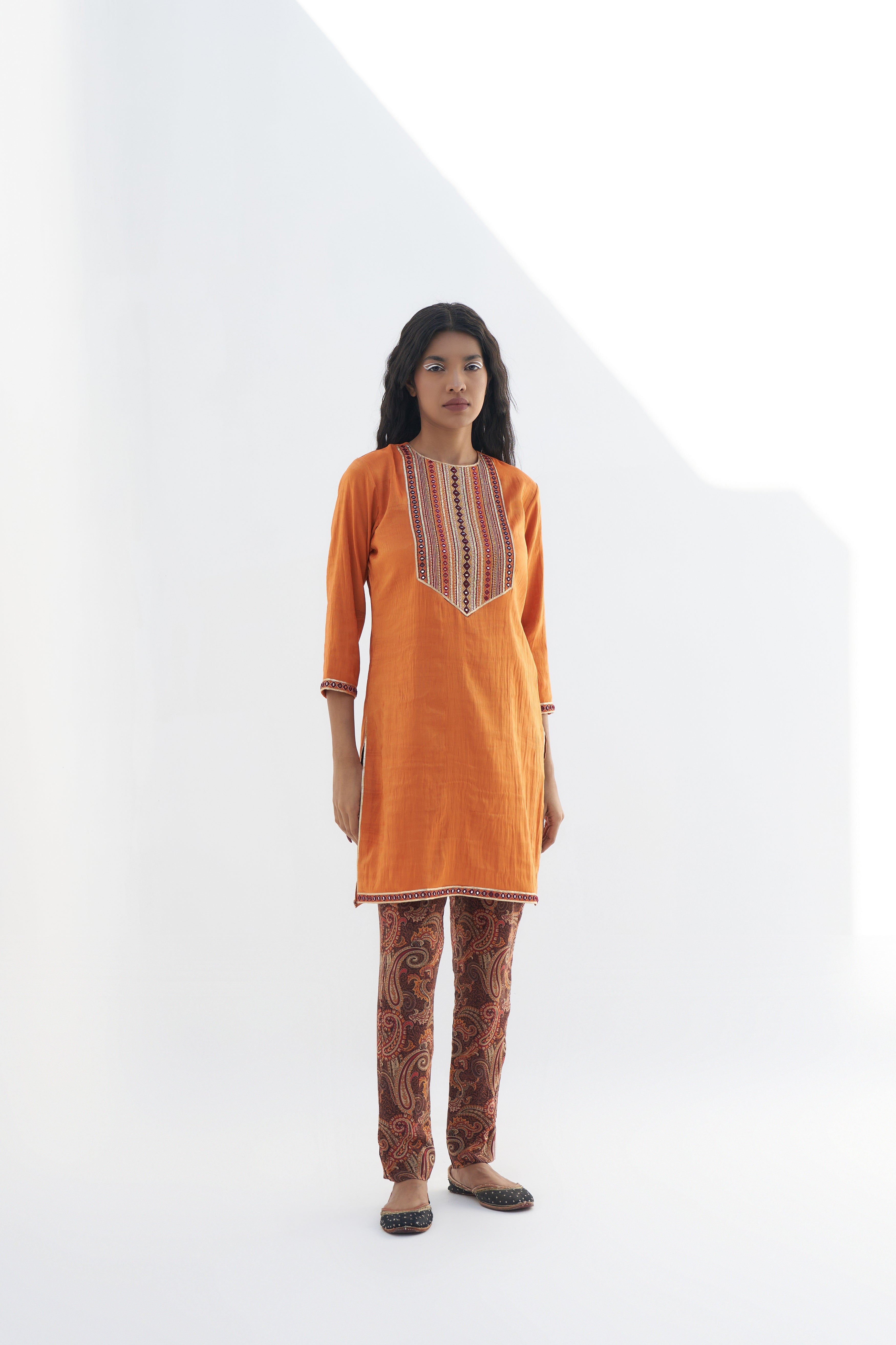 Orange Tissue Fabric Knee Length Kurta