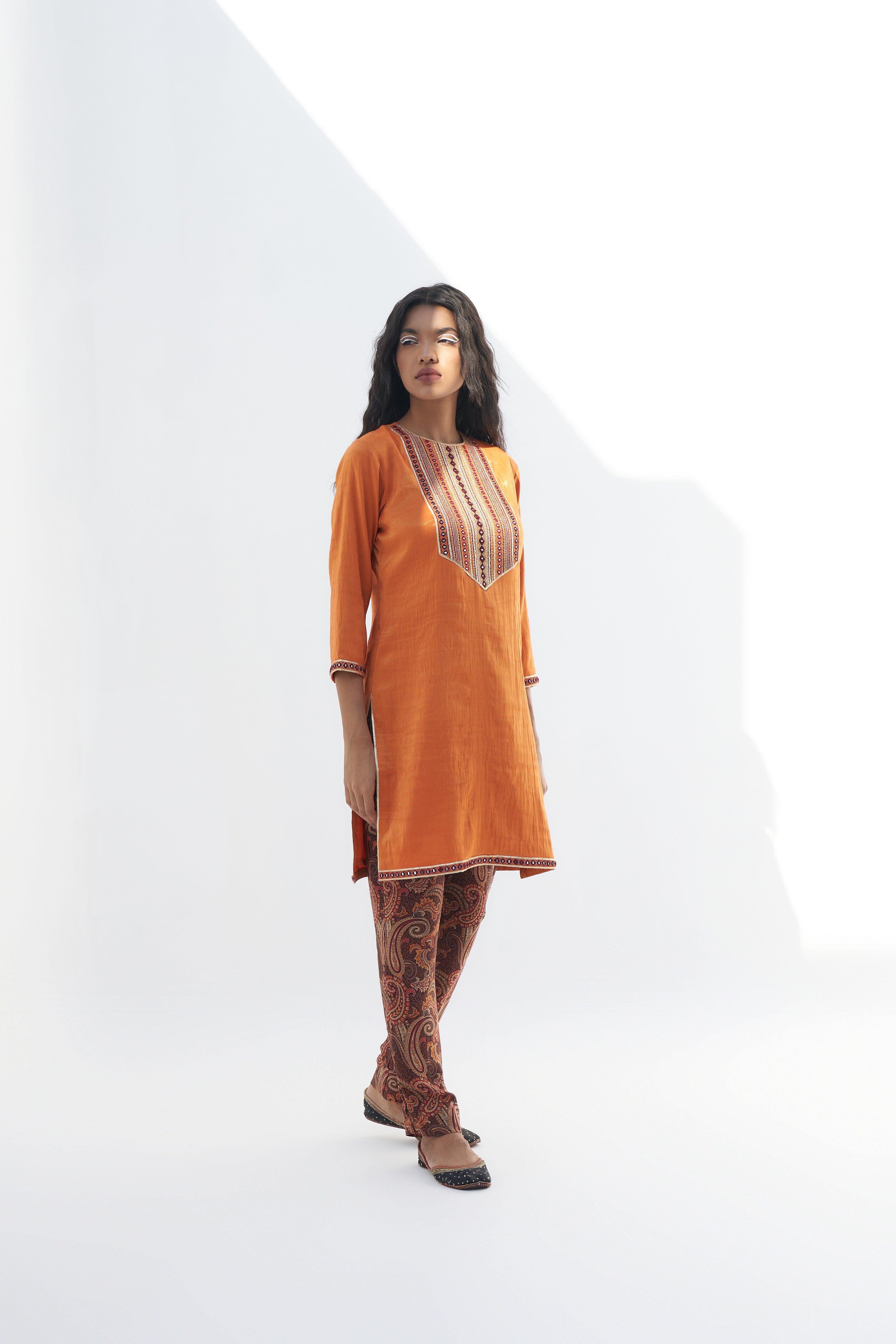 Orange Tissue Fabric Knee Length Kurta