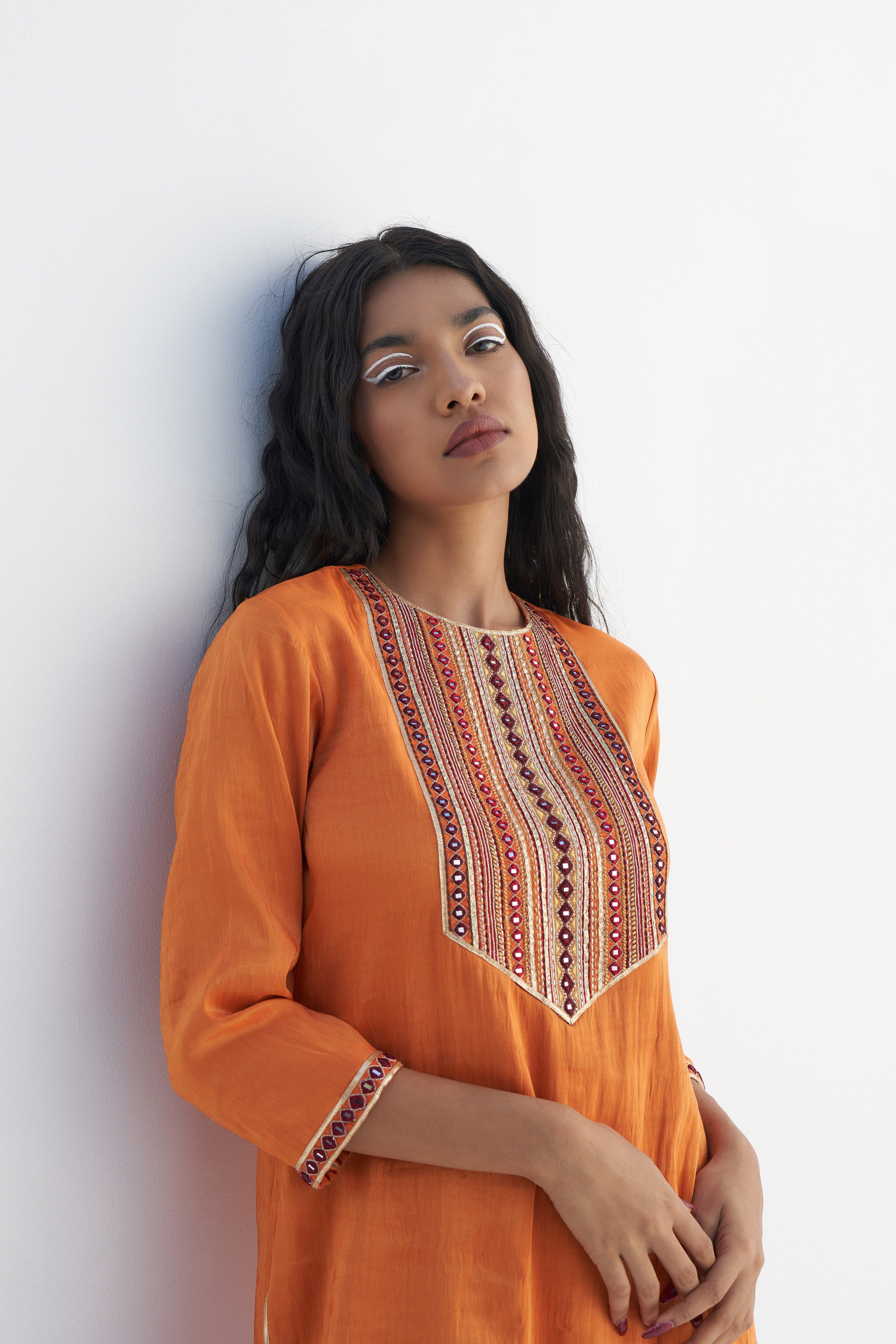 Orange Tissue Fabric Knee Length Kurta Closeview