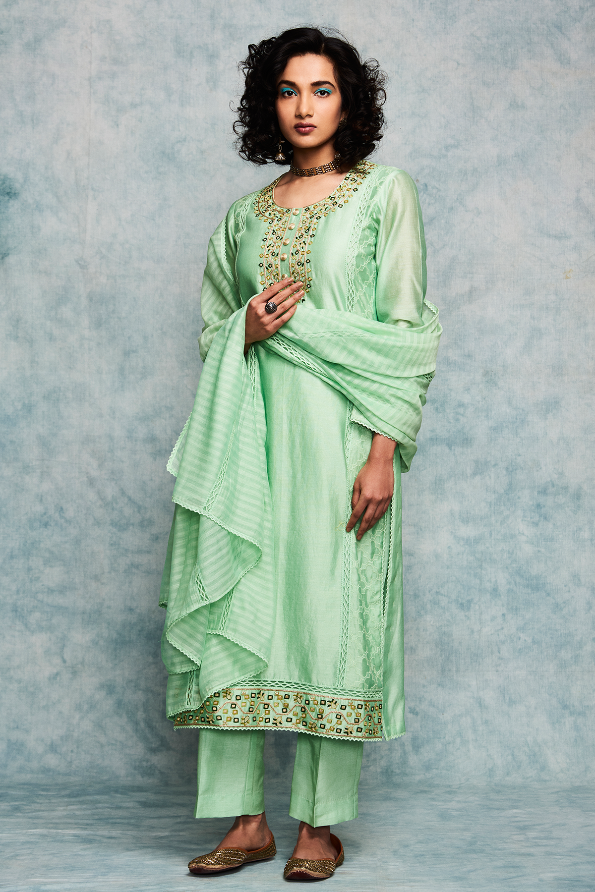 Sage green chanderi silk a line kurta set with pants and dupatta
