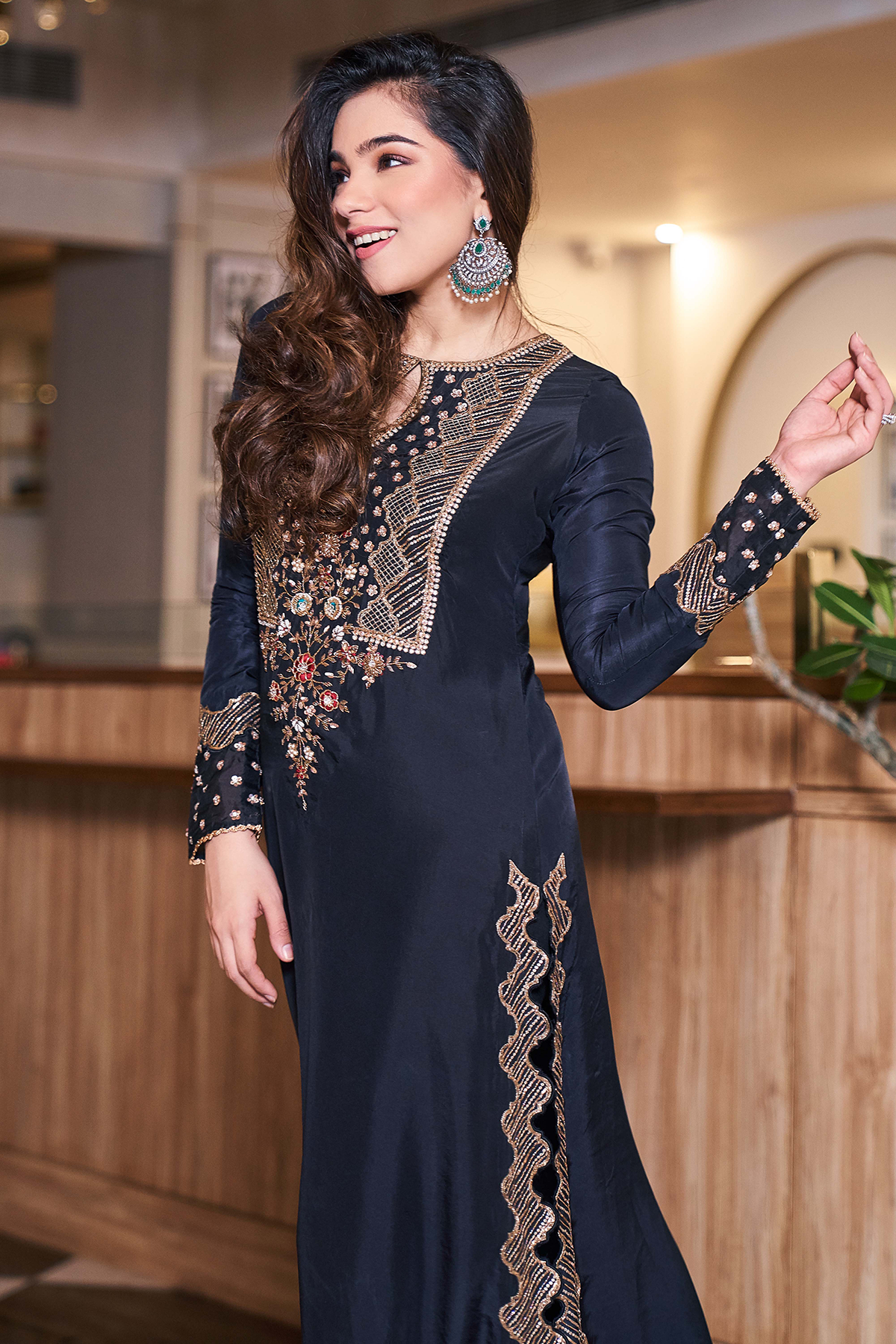 Jet Black Embroidered Kaftan Dress closeview