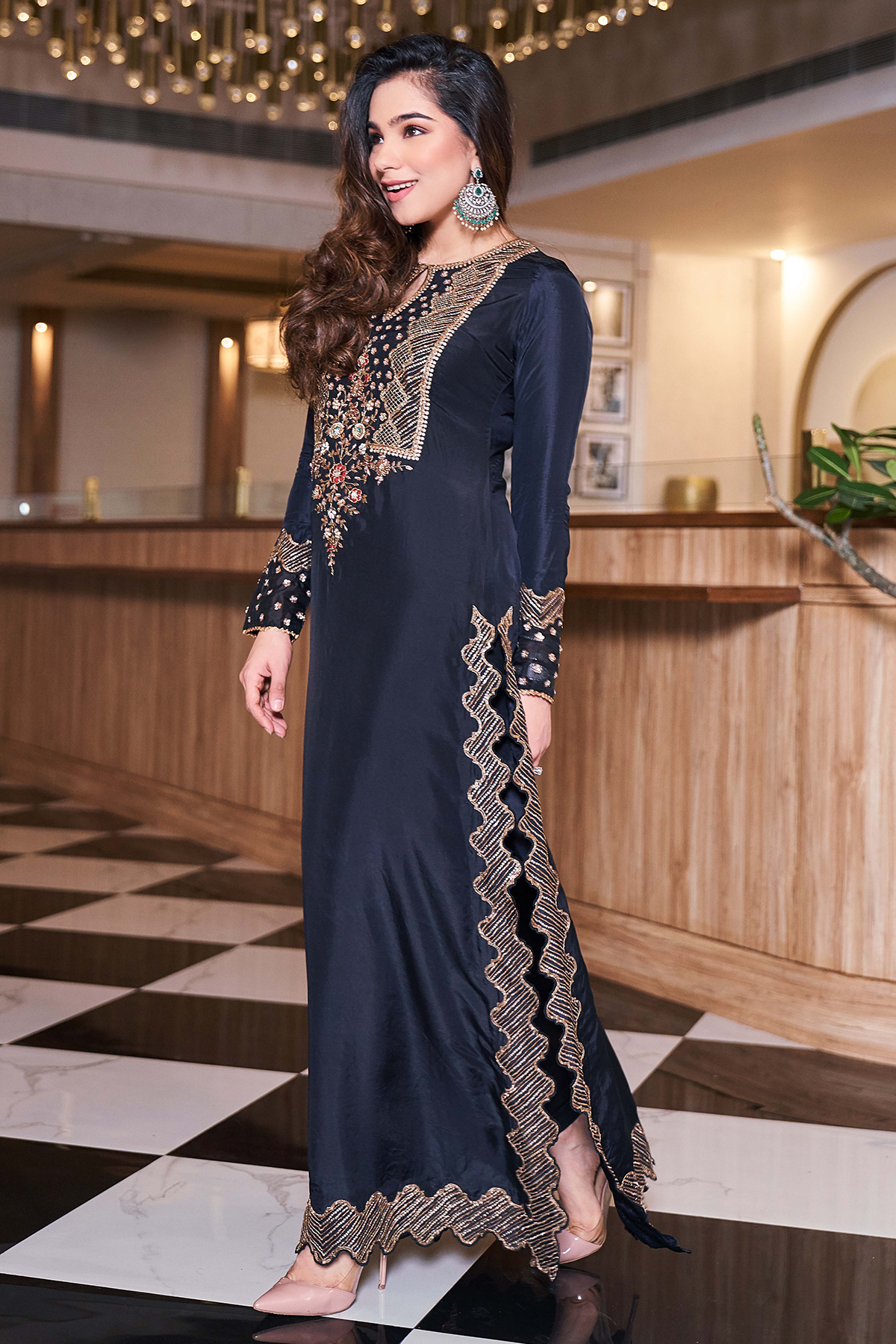 Jet Black Embroidered Kaftan Dress sideview