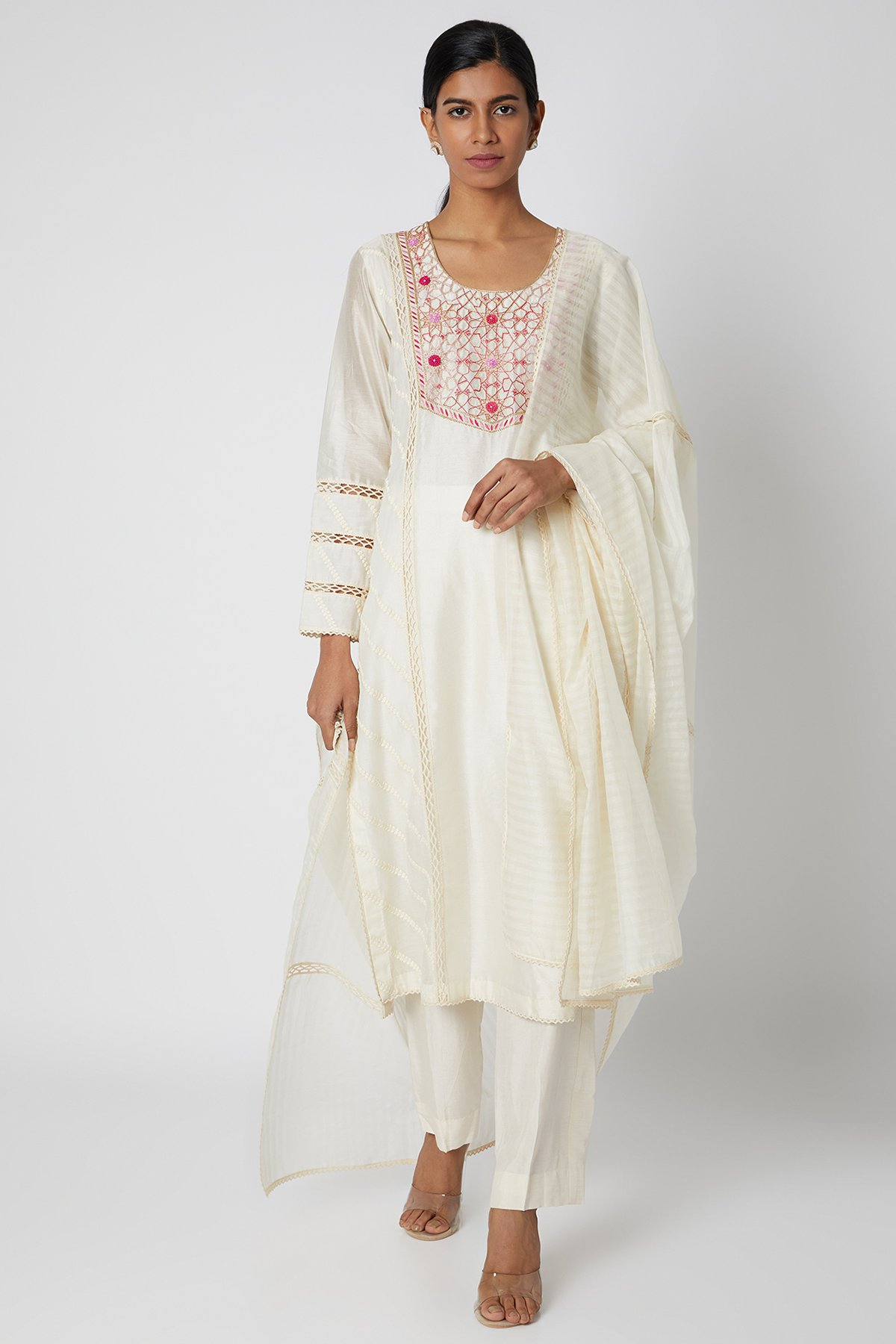 Women's Beige Embroidered Kurta Set Frontview