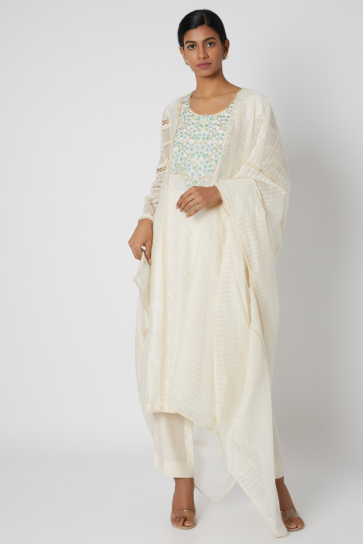 Beige Aari Embroidered Kurta Set Frontview
