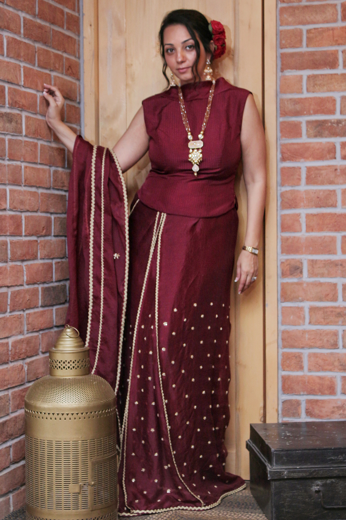 Women's Wine Cowl Neck Organza Saree Set