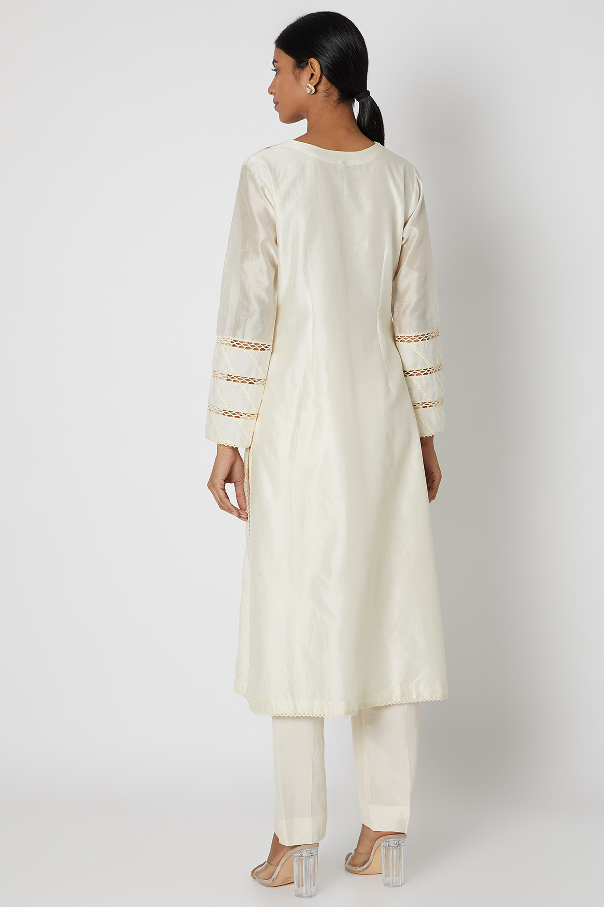 Women's Beige Embroidered Kurta Set Backview