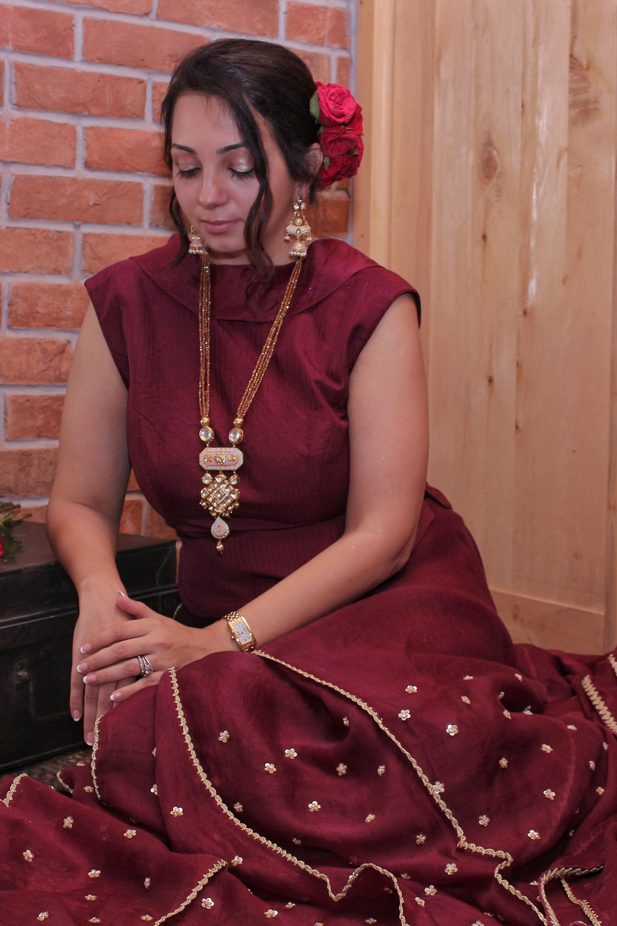 Women's Wine Cowl Neck Organza Saree Set