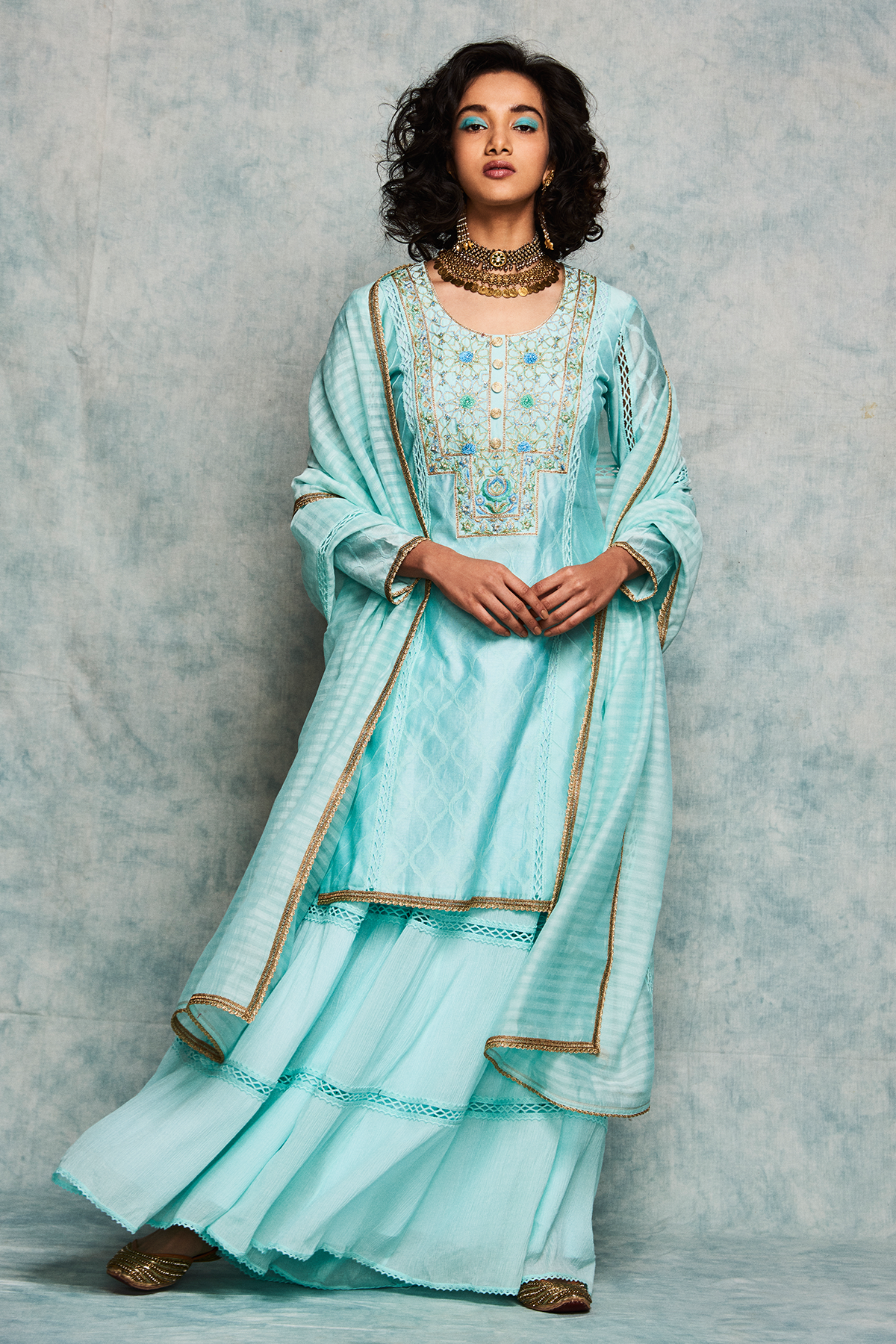 Ice blue gharara with short kurta and a dupatta