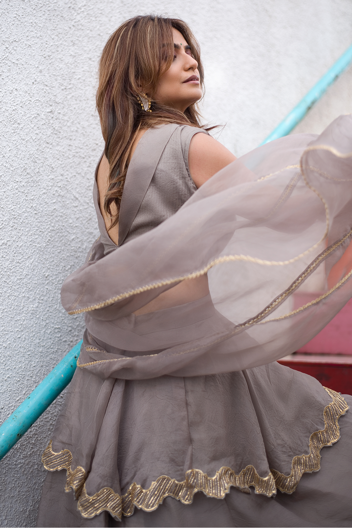 Women's Grey 3 Layered Skirt Set Backview