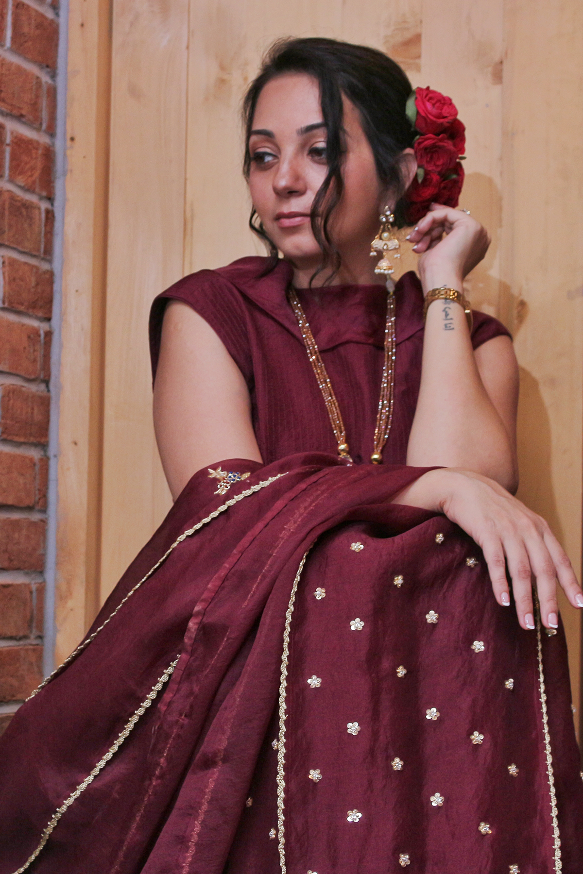 Women's Wine Cowl Neck Organza Saree Set