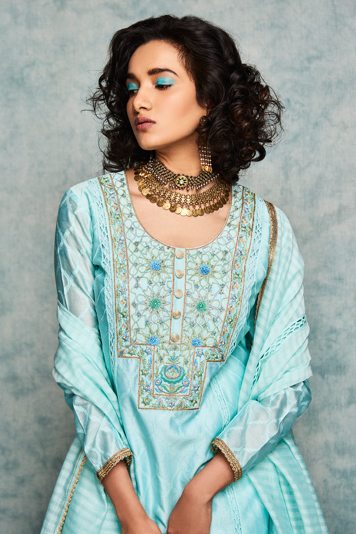 Ice blue gharara with short kurta and a dupatta Closeview