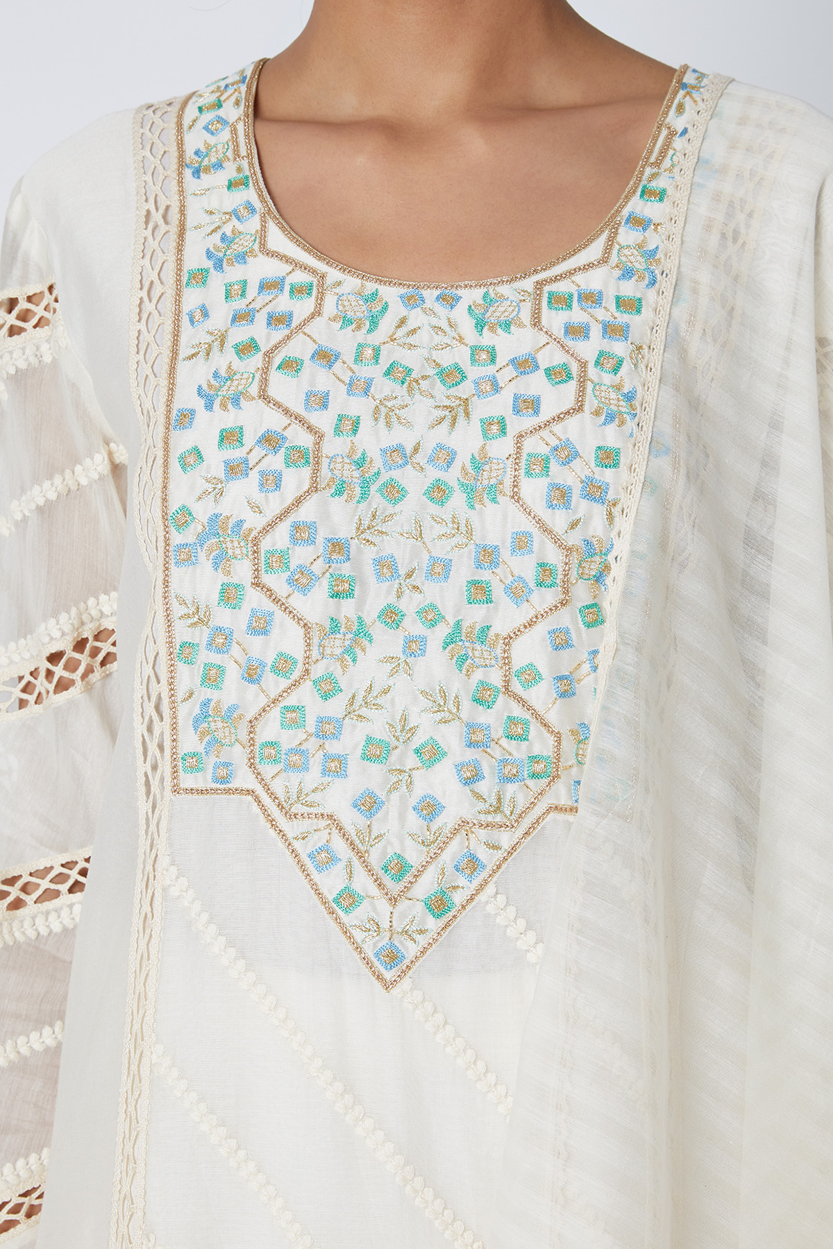 Beige Aari Embroidered Kurta Set Closeview