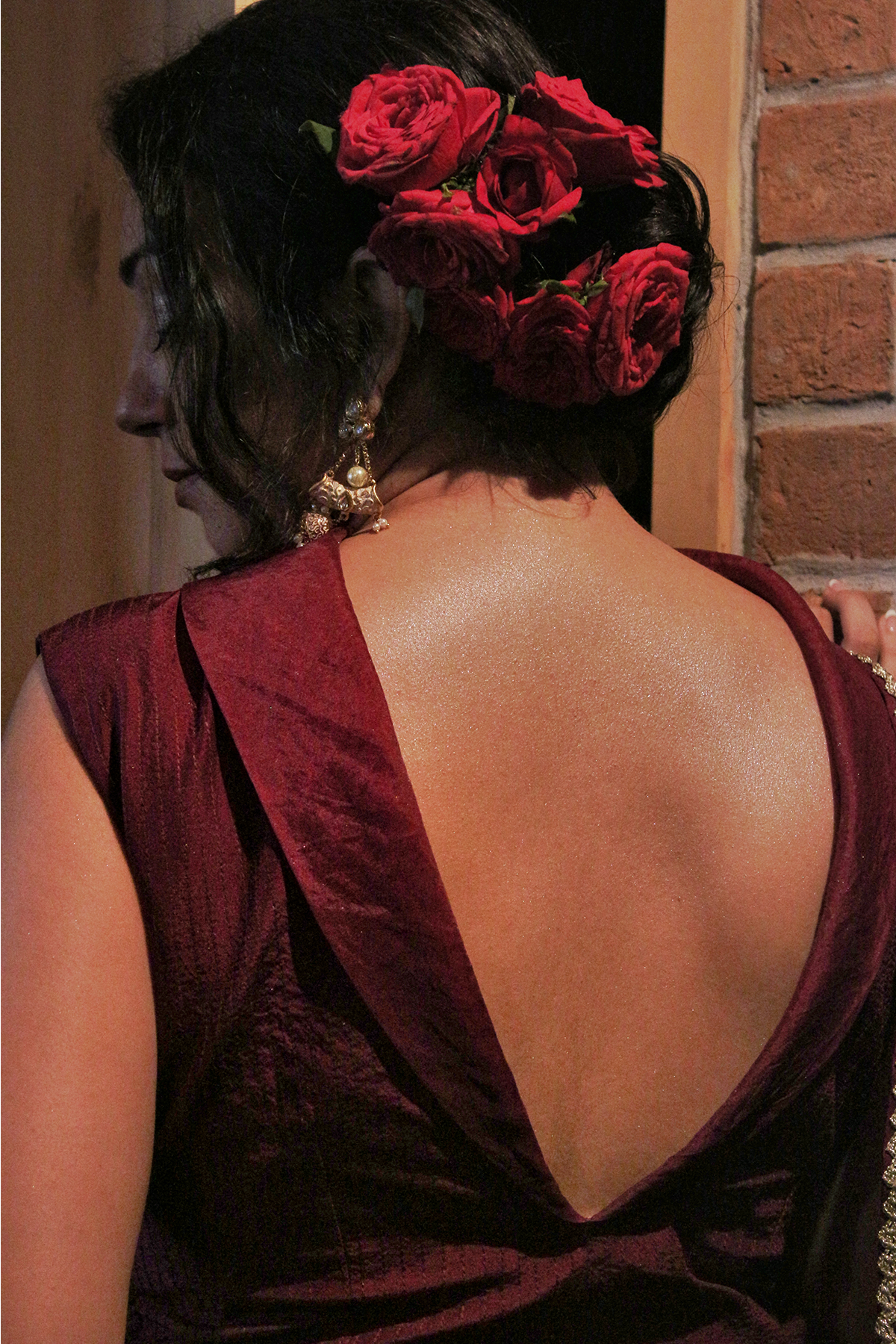 Women's Wine Cowl Neck Organza Saree Set Backview