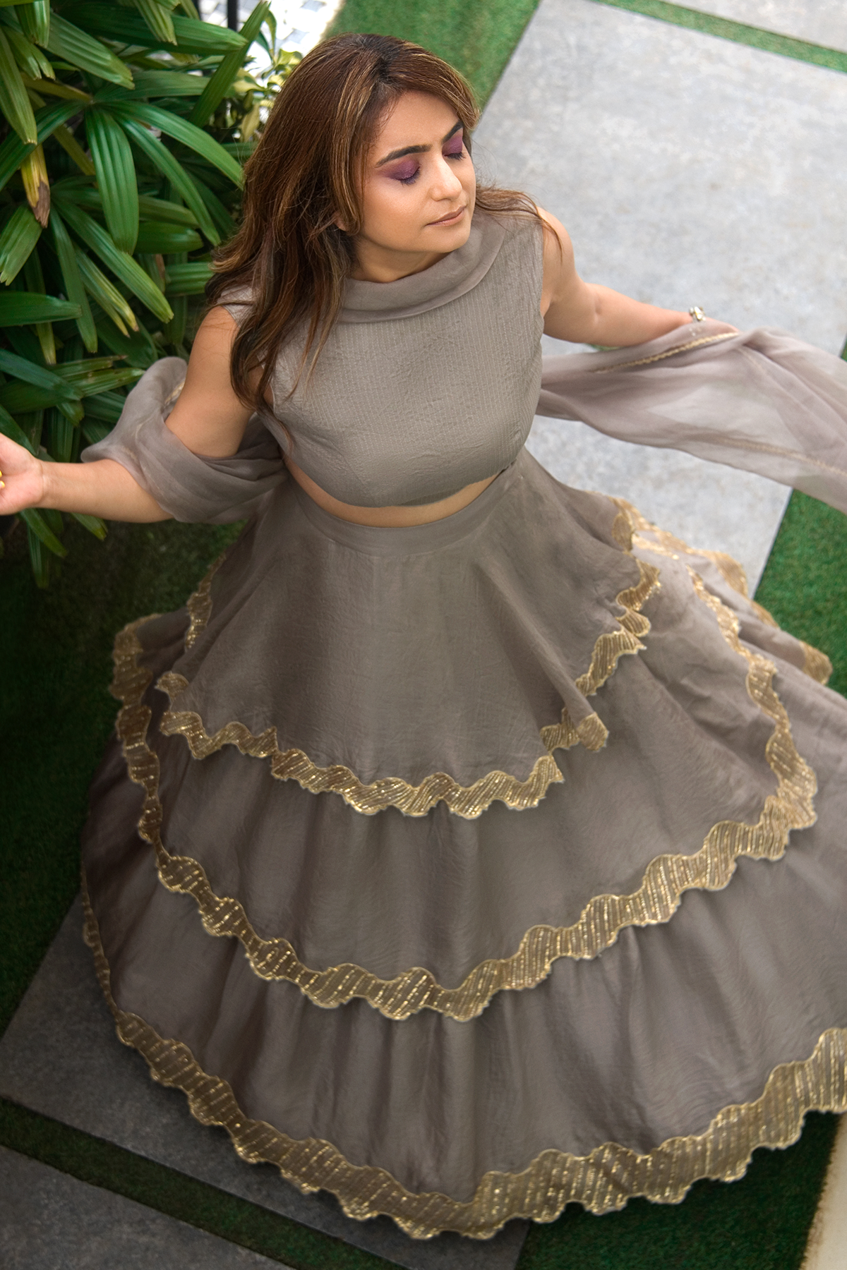 Women's Grey 3 Layered Skirt Set