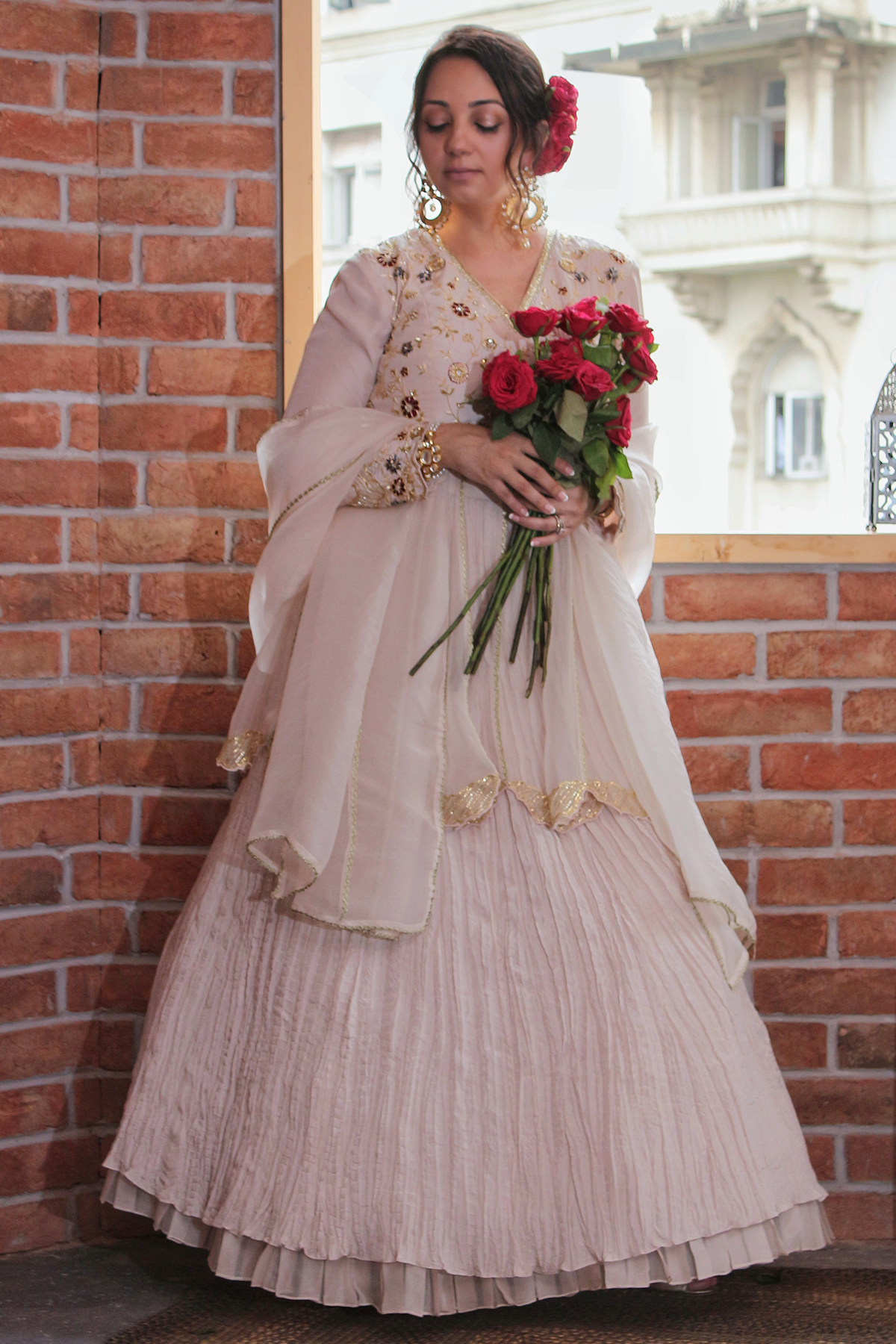 Women's Layered Cream Lehenga Set Frontview