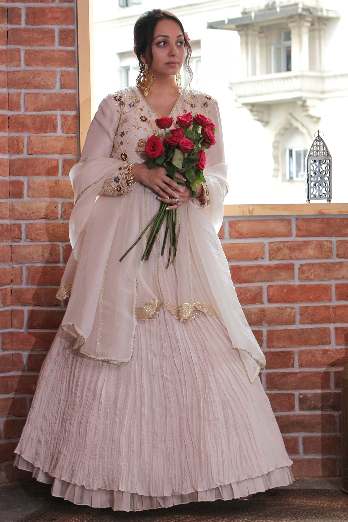 Women's Layered Cream Lehenga Set Frontview