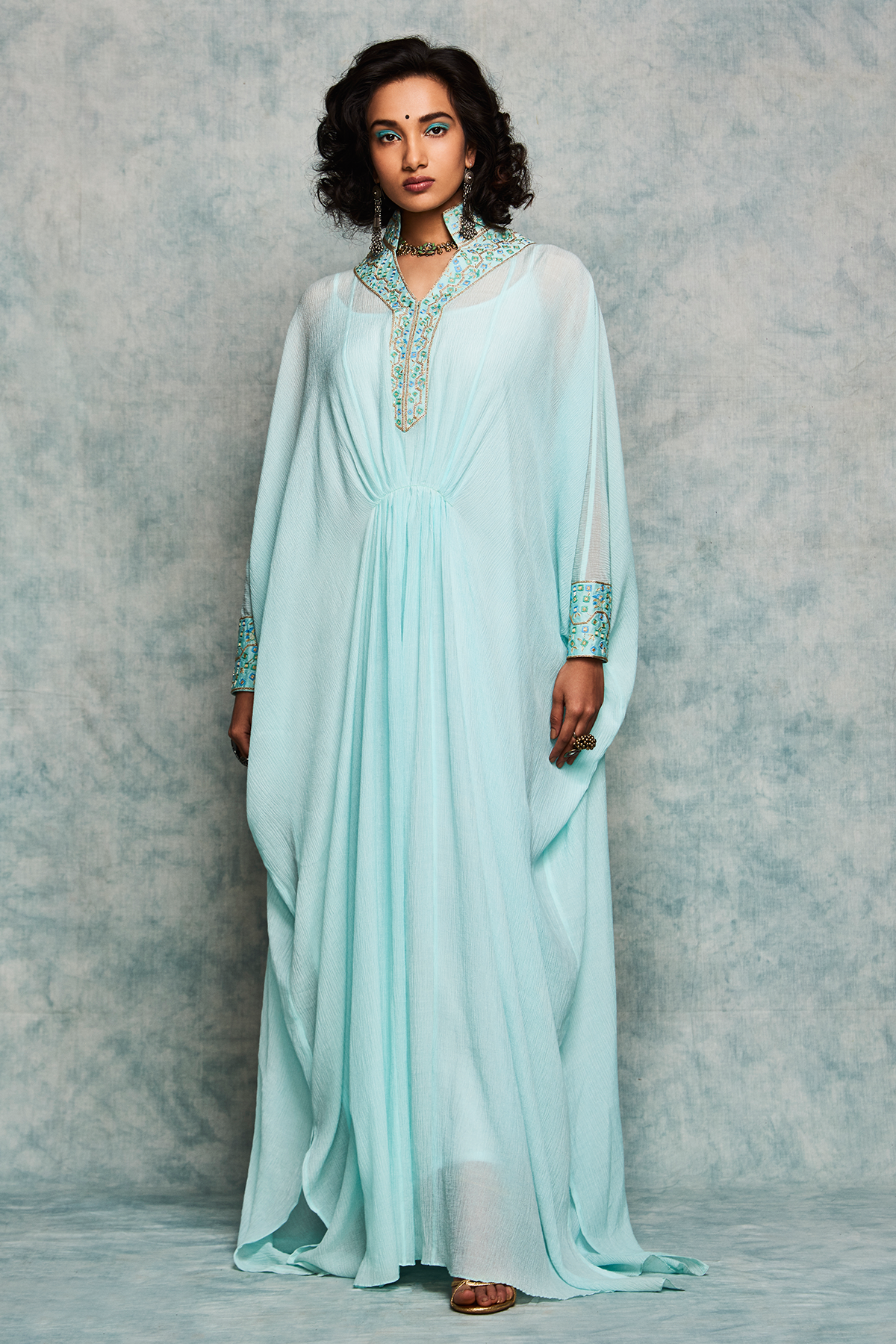 Ice blue kaftan dress with hand zardosi touch
