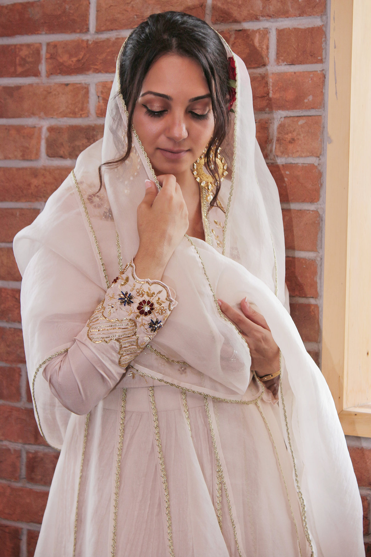 Women's Layered Cream Lehenga Set Frontview