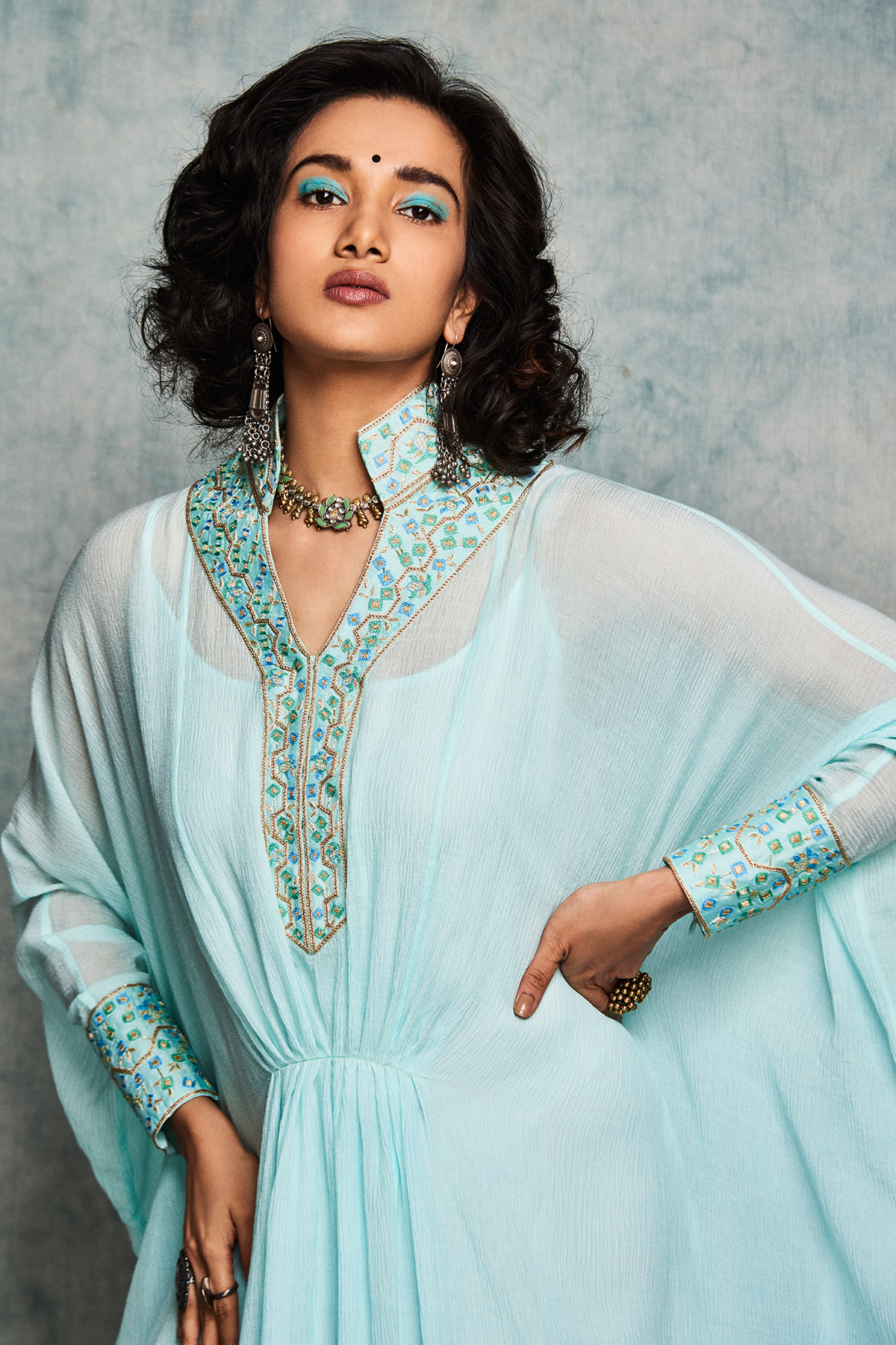 Ice blue kaftan dress with hand zardosi touch Closeview