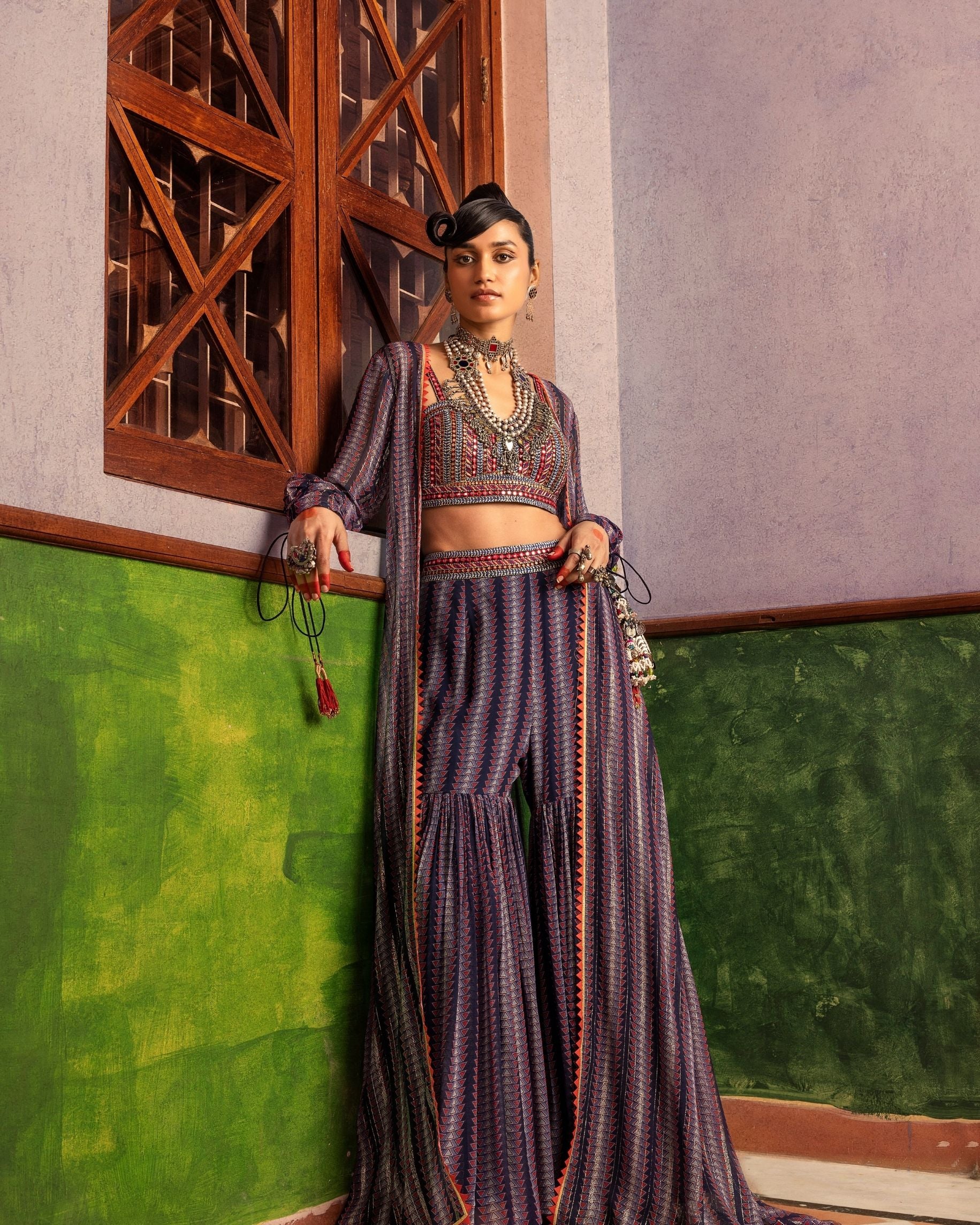 Blue Printed & Embroidered Pant set