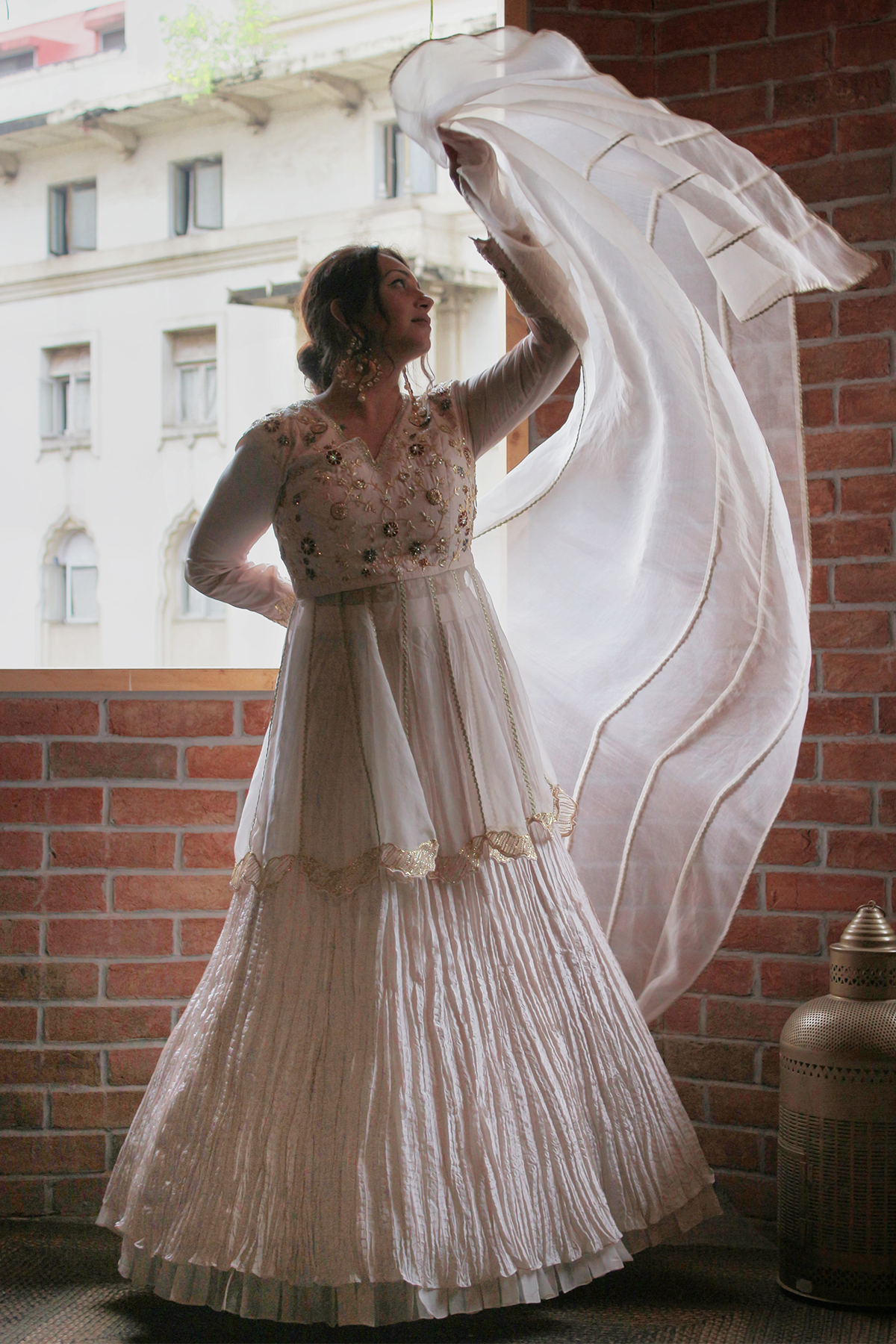 Women's Layered Cream Lehenga Set Frontview