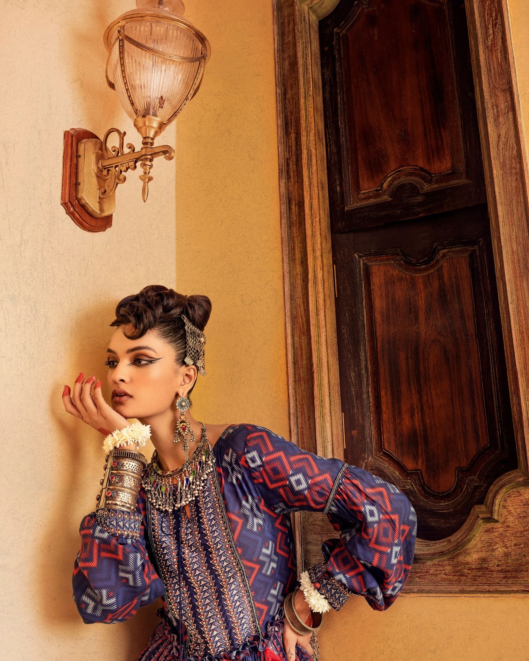 Blue Printed & Embroidered Peplum set Closeview