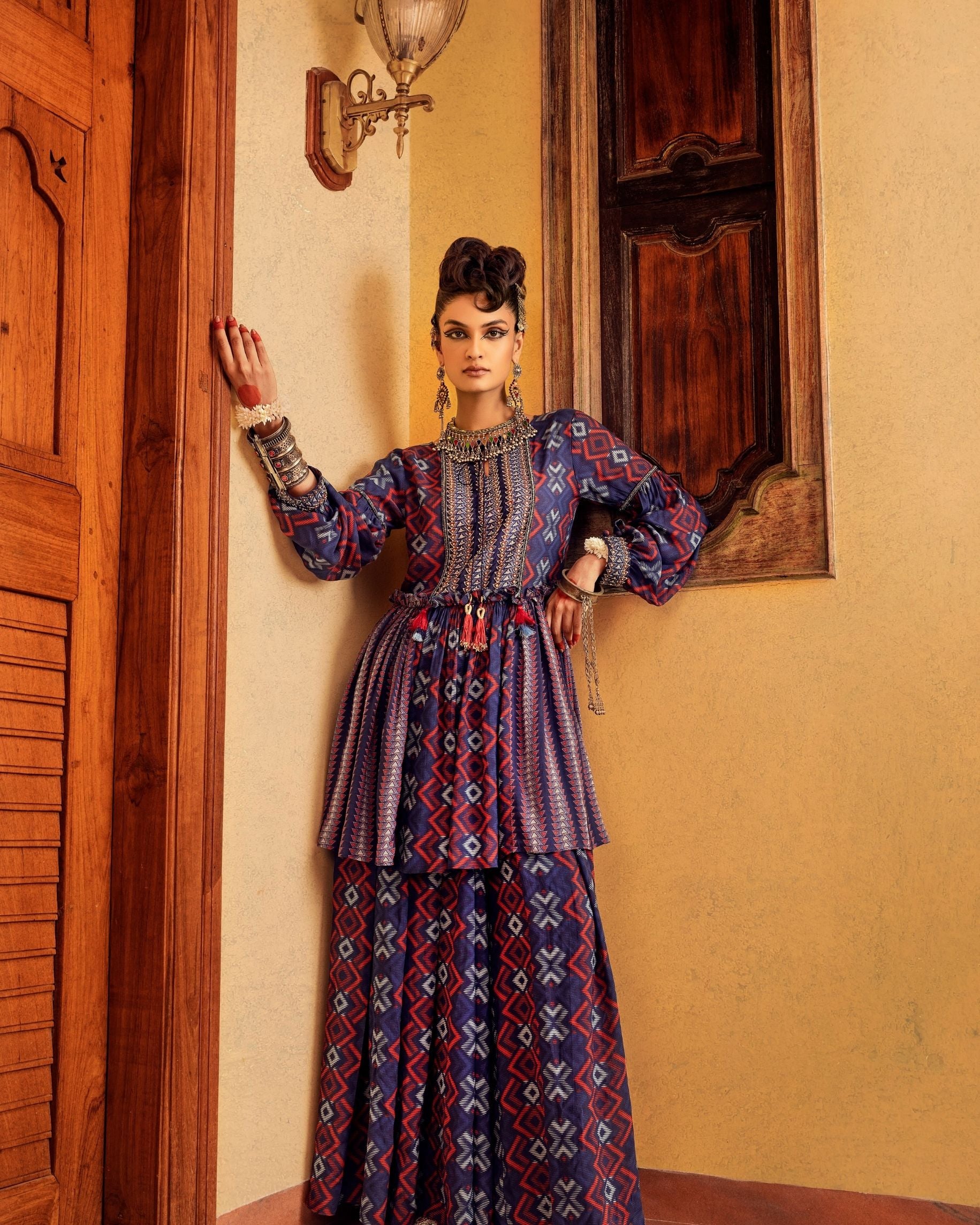 Blue Printed & Embroidered Peplum set