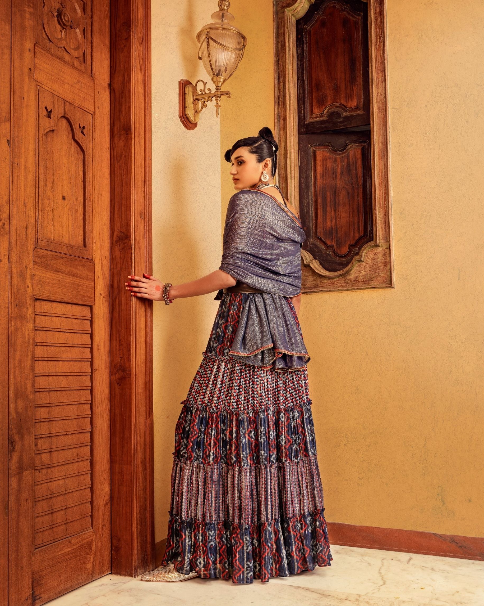 Women's Blue Printed & Embroidered Skirt set Backview