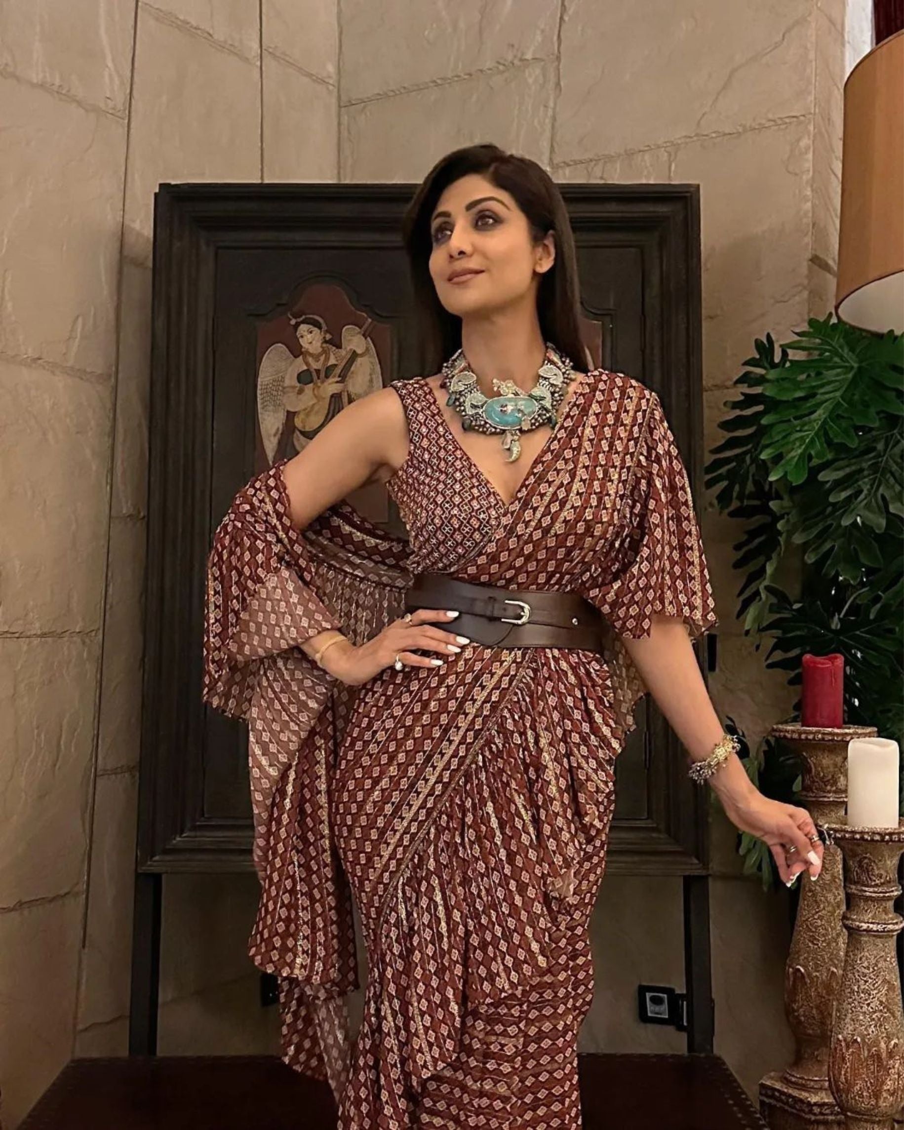 Brown Printed & Embroidered Saree Set