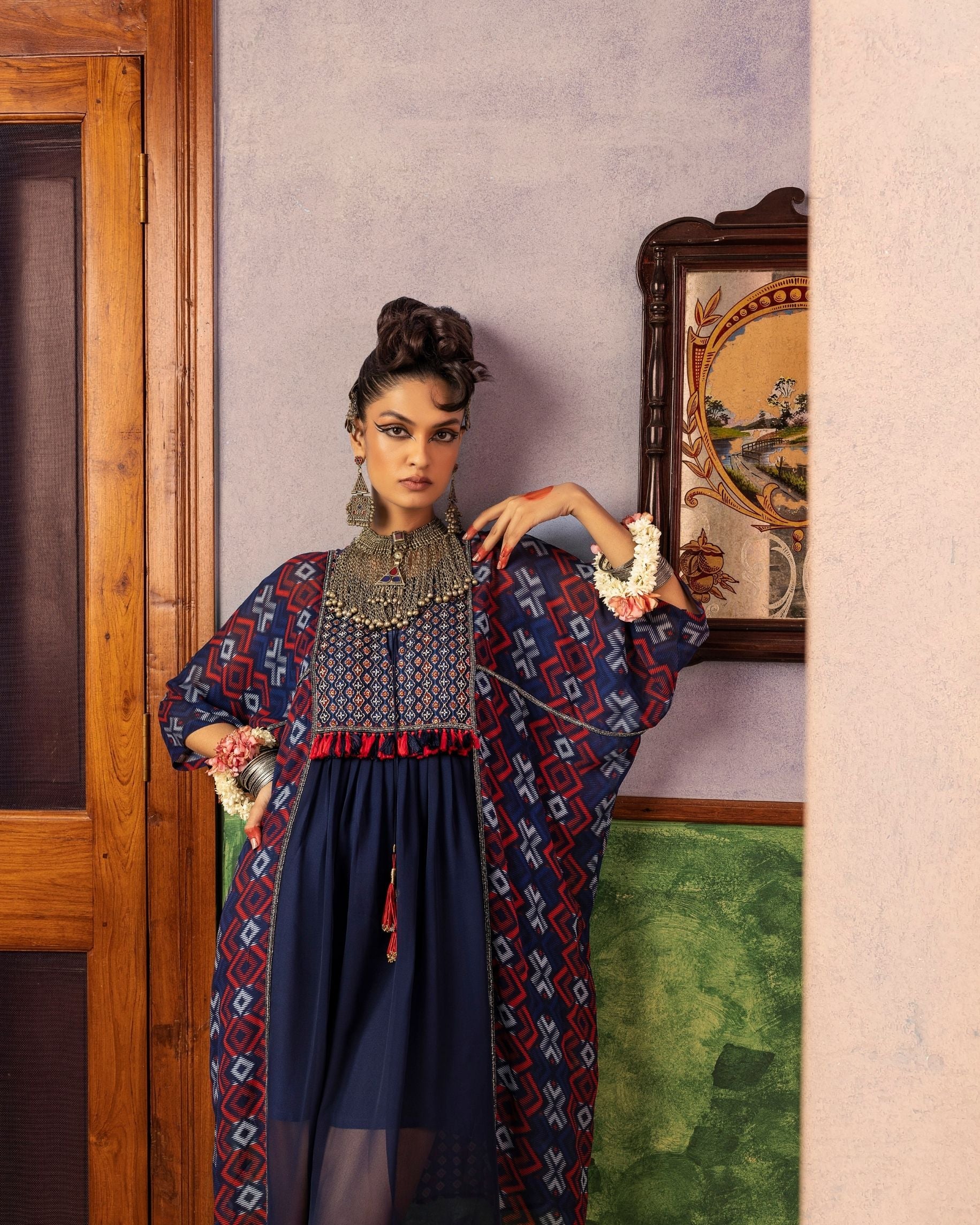 Blue Printed & Embroidered Tunic Frontview