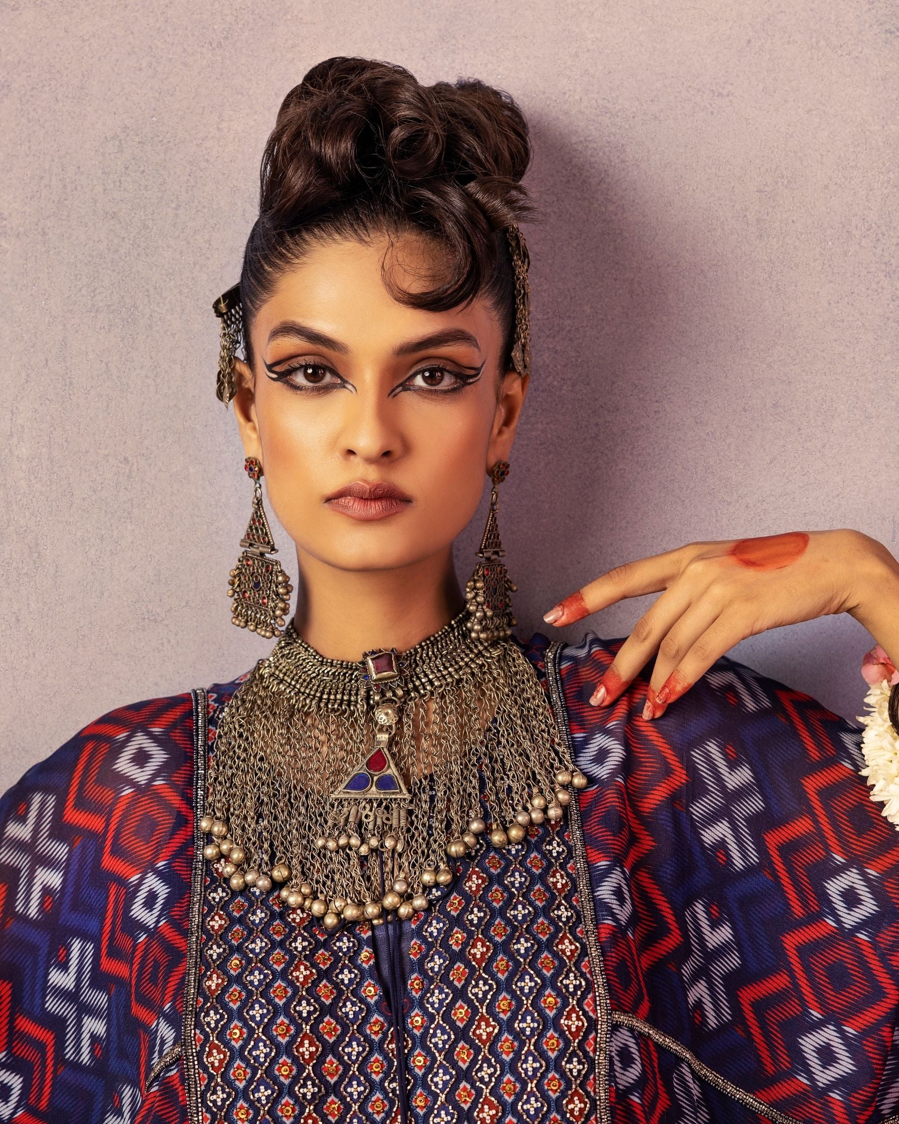 Blue Printed & Embroidered Tunic Closeview