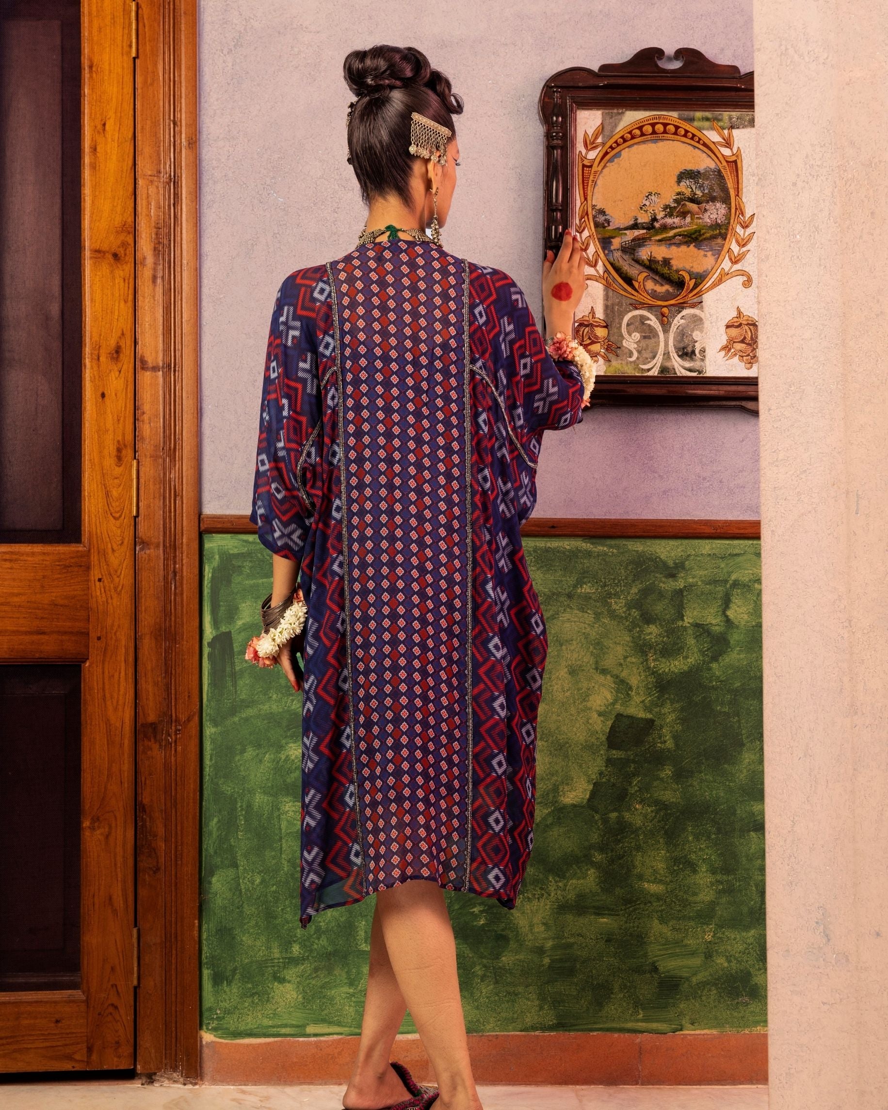 Blue Printed & Embroidered Tunic Backview'